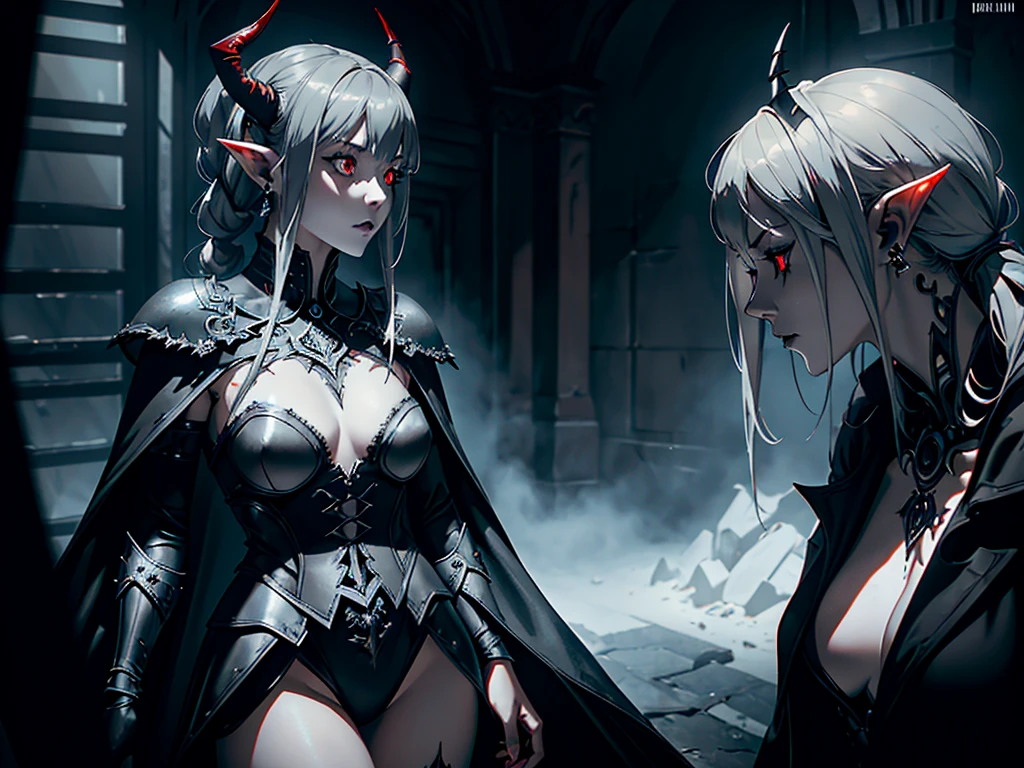 1girl, horror, dark elf princess, elden ring, (dark grey skin:1.5), true white long ponytail, ((perfect red eyes)), elf ears, earrings, detailed blood, highly detailed mechanical horns, (small breasts), ((black gothic prom dress)), wearing black fur cloak, bone armor, skull armor, volumetric lighting, ethereal fog, dark background, ultrasharp, best quality, masterpiece, realistic, anatomically correct, (strong cinematic lighting), ((rim lighting)), stunning details, intricate details, 8k post-production, high resolution, super details, sharp focus, depth of field f/1.8, studio photos, (((looking in the distance)))