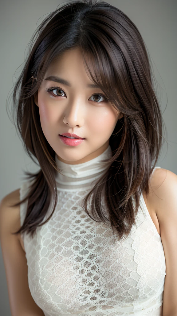 (Detailed face),((between legs)),Normal chest,cute,Sleeveless and(turtleneck)White lace dress,4K,Ultra-high resolution,(Photorealistic:1.7),Gray background,Long black hair,