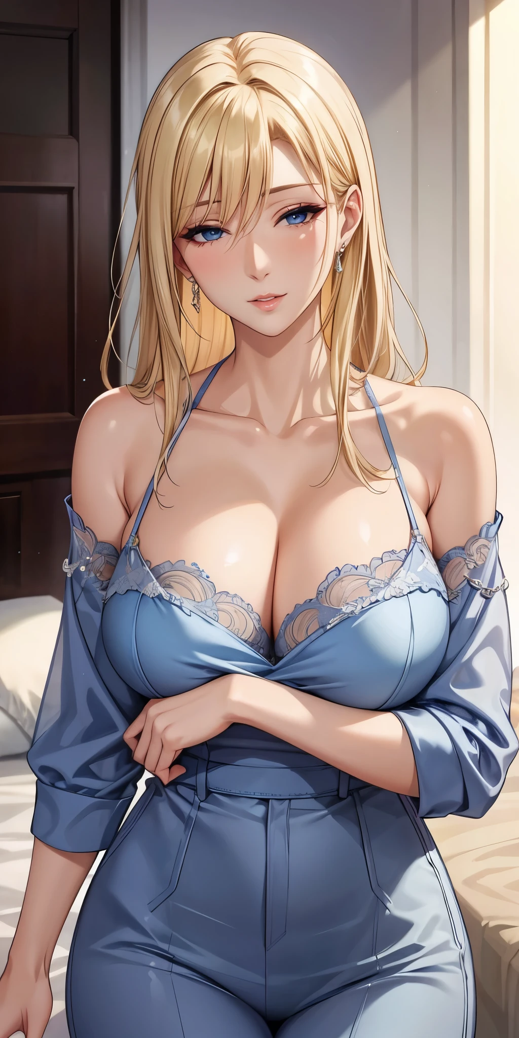 Seductive mature woman, milf, blue eyes, blonde hair, soft light, 4k resolution, high quality, beautiful cg