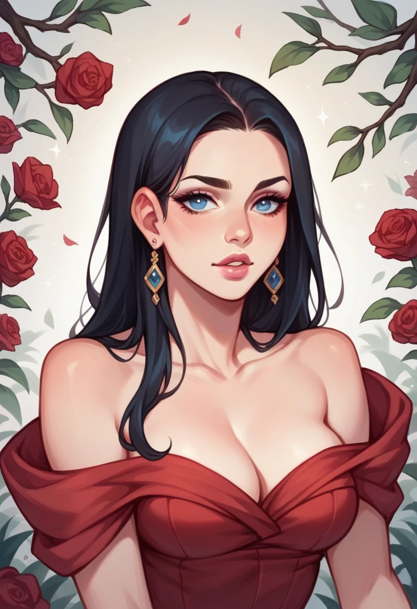 .Beautiful woman with long black hair and blue eyes, fair skin and pink lips. Wearing an elegant off shoulder red dress