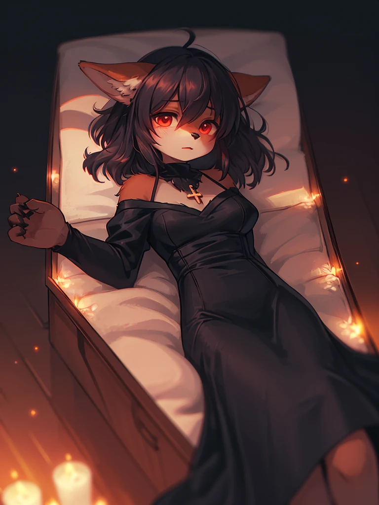 (Sumilux f1.4 50mm , low Latitude old color negative film , cross process , bokeh, flare, chromatic aberration , soft focus, (Shallow focus) , soft glow , Maximum aperture, low Key , Transparent depiction) , realistic horror, vampire woman waking up, messy hair , lying back in the coffin , black silky dress , (Canine) , Listless