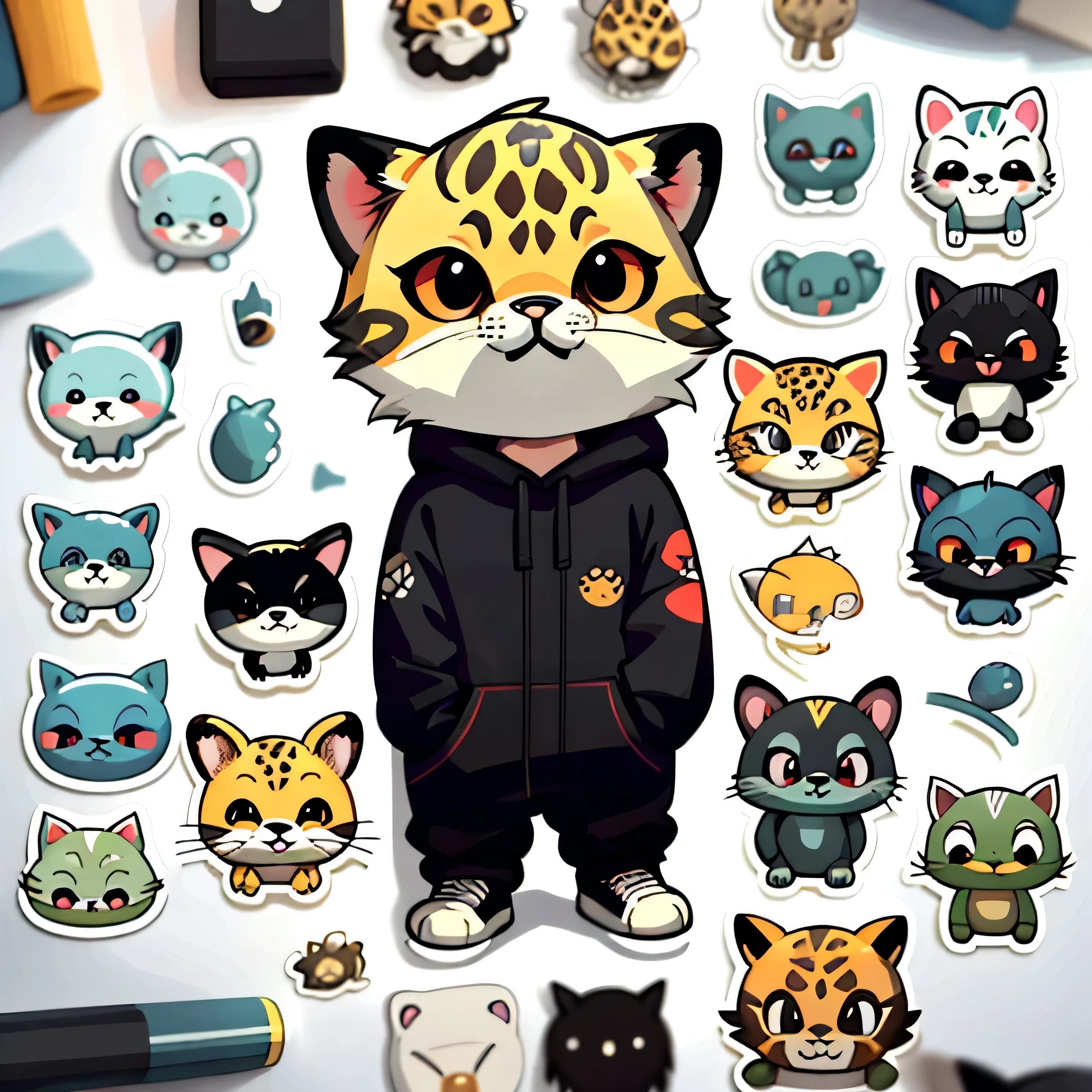 Cartoon image of A Cool Leopard wearing black hoodie, hands in pockets, Black pants, Red sneaker, Cartoon style illustration, Cartoon Art Style, Cartoon Art Style, Digital illustration style, Highly detailed character design, cute detailed digital art, Fan Art, Animal Sticker, Animal Character Design, Sticker Design, beautiful digital illustration, high quality full body sticker, Comic art, Kawaii Character Design, Chibi, Chibi Design, white background