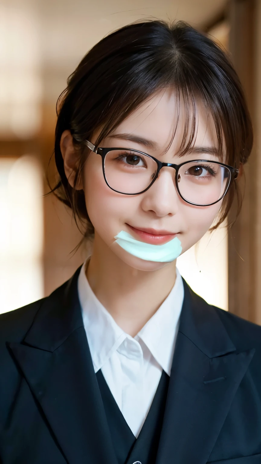 (Highest quality,masterpiece:1.3,Ultra-high resolution),(Very detailed,Caustics,8k),(Realistic:1.4,RAW shooting),A girl dressed as a butler,Japanese,boyish,smile,20-year-old,Short black hair,Glasses,Looking into the camera,Inside the Western-style building,Waist up shot,front,Face Focus,Face close-up,(Warm Light),Professional Writing