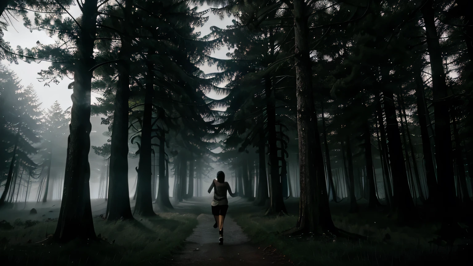 a women runs through a dense forest shrouded in fog. Ghostly silhouettes appear among the tall, twisted trees. The fog is thick and impenetrable, adding to the sense of dread. Moonlight filters through the trees, casting long, ominous shadows.
