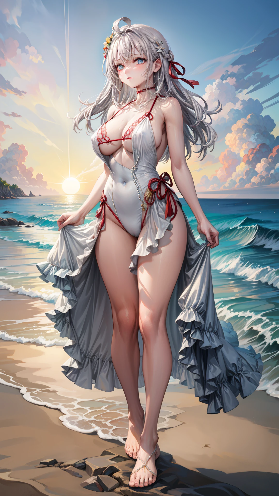 (1 girl), (masterpiece), (best quality), ((facing viewer)),((white hair)), ((full body)),((facing viewer)), ((highlighting dress his figure)), ((white hair)).

As the sun dipped low on the horizon, casting a warm golden glow over the sandy shore, she emerged—a vision of ethereal beauty against the backdrop of the ocean's vastness. Her hair, flowing in soft waves of radiant white, caught the last rays of daylight like strands of spun silk. Eyes the hue of a tranquil summer sky, framed by gentle lines that spoke of wisdom and grace, surveyed the scene with serene intensity.

Clad in a pristine white swimsuit that hugged her form with effortless elegance, each delicate curve accentuated by the fabric's subtle sheen. Embellishments of delicate lace and pearls adorned the swimsuit, reflecting her timeless sense of style and sophistication. The fabric, kissed by sea spray and warmed by the lingering sun, shimmered softly as she moved, a dance of light and shadow upon her sun-kissed skin.

Barefoot, she walked along the water's edge, leaving delicate imprints in the damp sand, her steps echoing the rhythmic lullaby of the waves. With each stride, a sense of quiet confidence and natural allure emanated from her, drawing admiring glances from those fortunate enough to witness her presence on this tranquil beach.