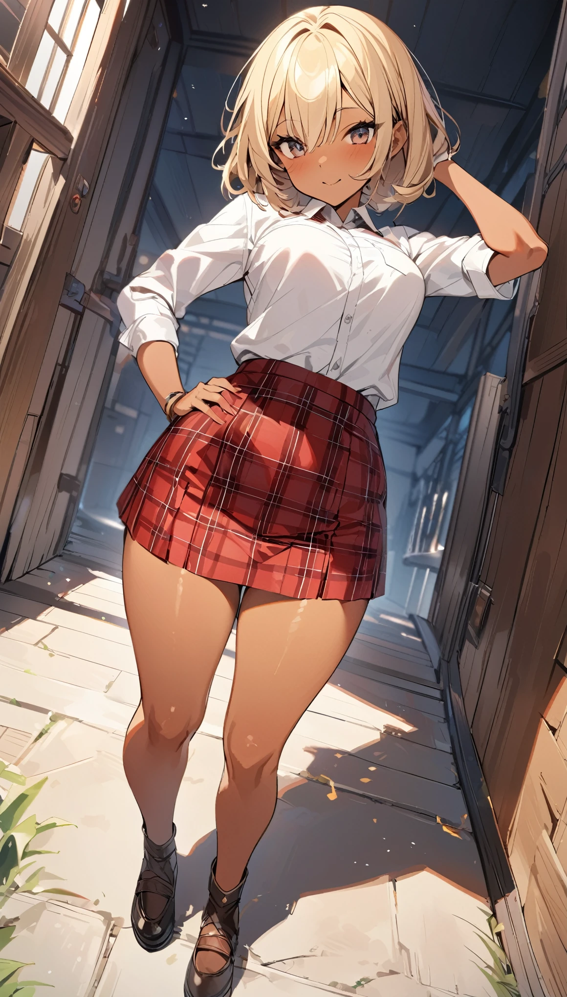((masterpiece)),(((Highest quality))),Thin thighs,An 25-year-old high school girl standing on the school steps,White shirt,Blue and red plaid mini skirt:1.5,The best smile,Short-cut blonde:1.5,A pose from above with legs spread and buttocks sticking out, (hands on the knee), (stick out butt), (focus on hips), (high angle) ,(tan skin), show hips,(Top view),