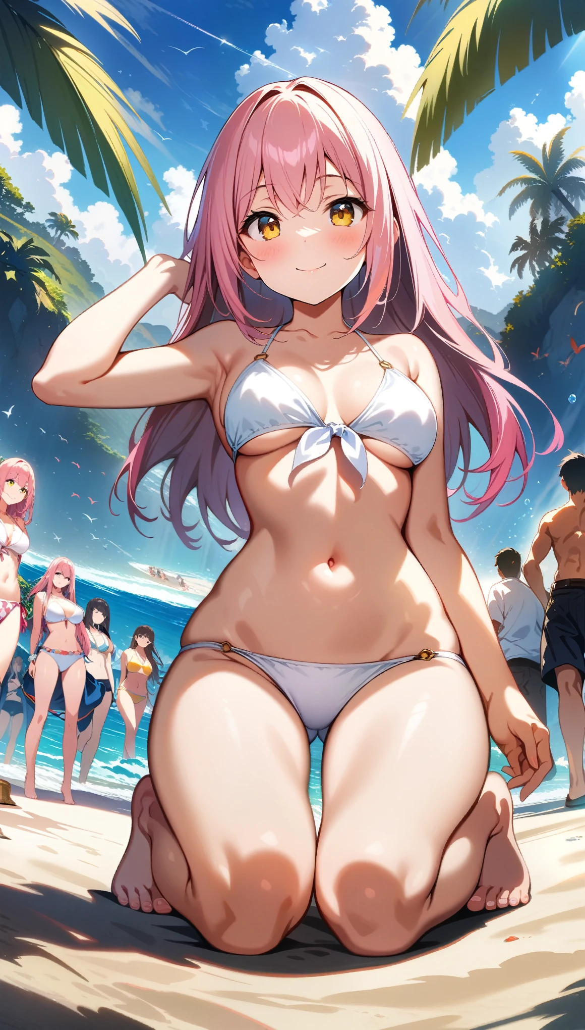 1 girl, long Hair, pink hair, yellow eyes, white bikini, cute bikini, smile, A beach with lots of people, (kneeling), from front, (from below), ((32K)), ((best quality)), ((ultra high res)), ((HDR)), ((uhd)), ((extremely detailed CG)), ((unity 32K wallpaper)), ((perfect anatomy)), 