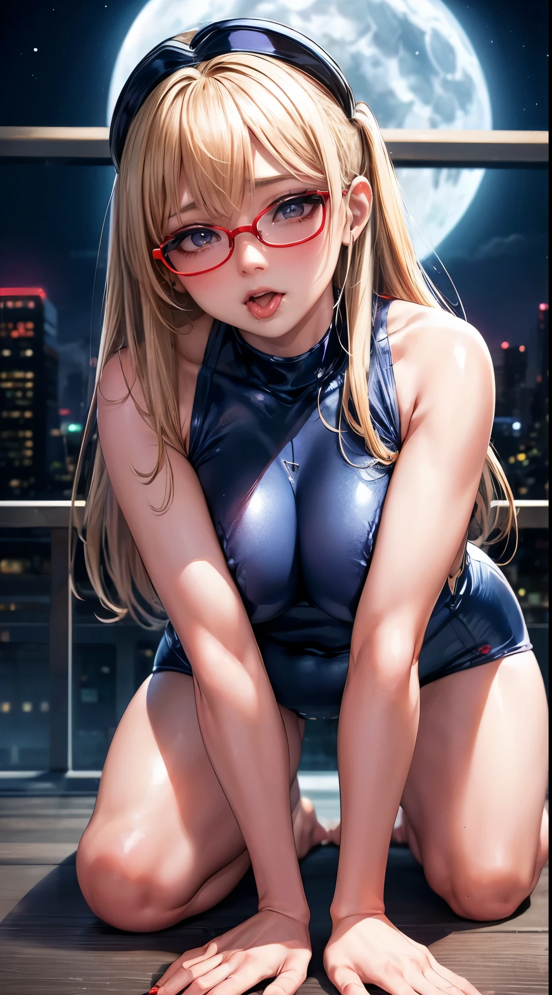 Taiwanese Idol 50 years old ((Ultra shiny metallic navy blue school swimsuit)) Ultra shiny metallic stockings ((Blonde with bangs)) ((Rimless Glasses)) ((On all fours in the night view and moonlight)) Sweaty Sweaty ((A mature woman full of pheromones)) Obscene gaze Sexy Face (Gorgeous makeup) ((Plump lips with bright red lipstick)) ((Being stared at provocatively from the front)) Stick your tongue outのフェラ_gesture Stick your tongue out, He licked the test tube while drooling..