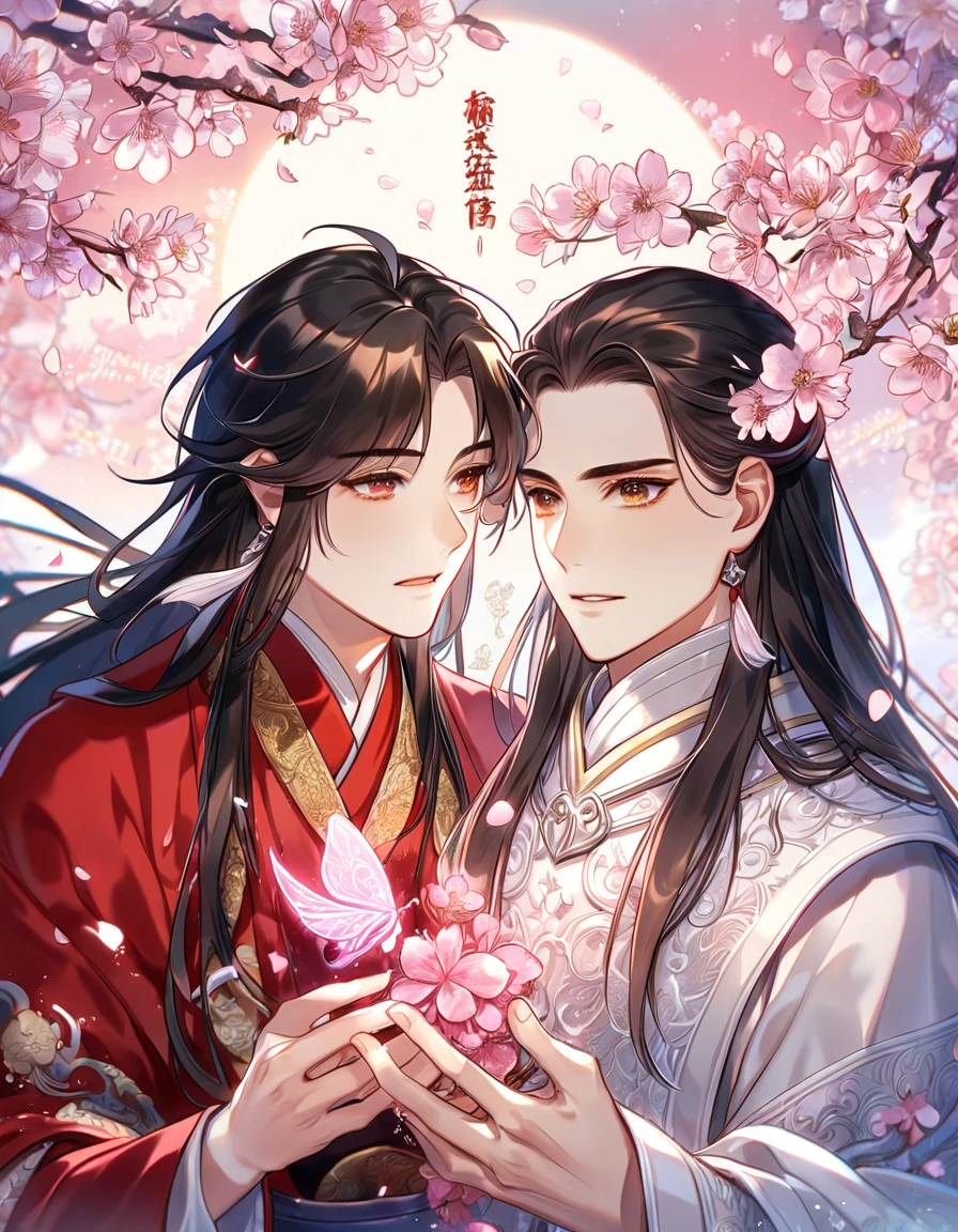 absurdres, highres, ultra detailed, HDR, master piece, best quality, extremely detailed, Xie Lian, brown hair, long hair, expressive brown eyes, Heaven Official's Blessing, Hua Cheng, black hair, expressive red eyes, two sexy men together, yaoi, gay couple, handsome, sensual, white robes, red robes, magical, sparkling, pink glittering fireflies, pink ice, pink ice butterflies, pink ice petals, pink ice cherry blossoms, pink crystal