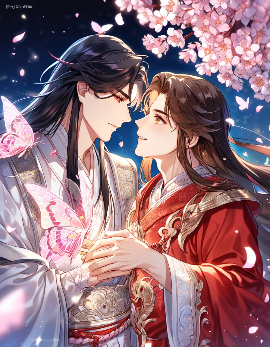 absurdres, highres, ultra detailed, HDR, master piece, best quality, extremely detailed, Xie Lian, brown hair, long hair, expressive brown eyes, Heaven Official's Blessing, Hua Cheng, black hair, expressive red eyes, two sexy men together, yaoi, gay couple, handsome, sensual, white robes, red robes, magical, sparkling, pink glittering fireflies, pink ice, pink ice butterflies, pink ice petals, pink ice cherry blossoms, pink crystal