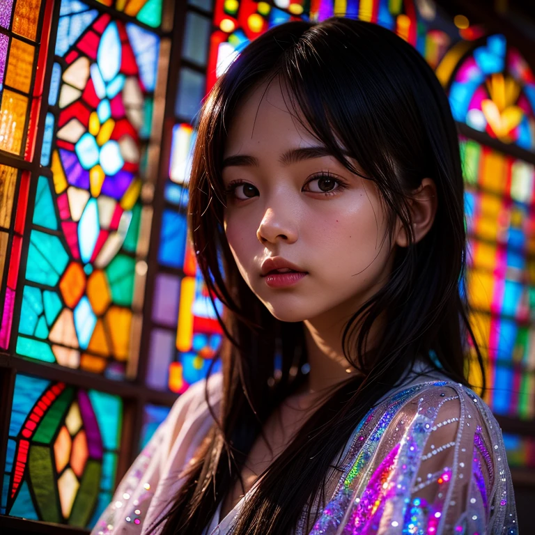 SFW, concept art, Tiny junior idol, (Detailed Delicate lace knitted white clothes), (nipple:-0.9), face closeup, (Elaborate stained glass Background:1.37), (((Renbutsu Misako), colorful Light shines through delicate stained glass:1.2, vivid red colors, Luminous Particles, light Particles))(Acutance:0.8). (ProfessionalPhoto:1.2),(ultra-detailed:1.37), (Extremely detailed KAWAII face variations, innocent expression variations), rosy cheeks, intricate detailed eyes with sparkling highlights, long eyelashes with volume, subtle blush on the face. Mystic sight, haze, Impeccable Radiant PearlSkin with Transparency, captivating gaze, ((Dynamic-angle)), whole Body proportions and all limbs are anatomically accurate .