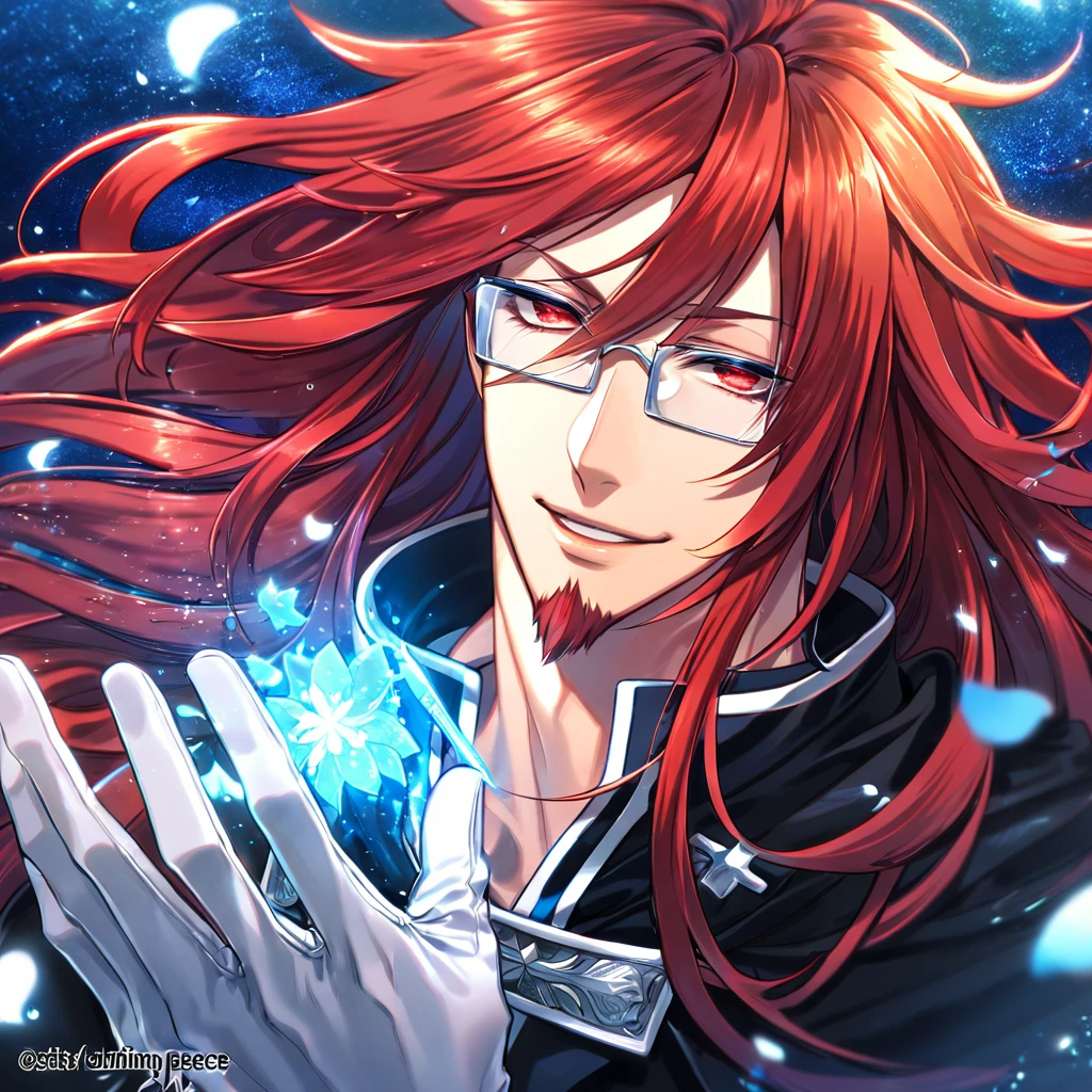 absurdres, highres, ultra detailed, HDR, master piece, Marian Cross, red hair, messy hair, long hair, red goatee, expressive red eyes, black coat, rectangular glasses, white gloves, D.Gray-Man, sexy man, handsome, best quality, blue flowers, fantasy, solo, blue shining fireflies, blue petals, sensual, handsome smile, starry sky, shining, blue blossoms