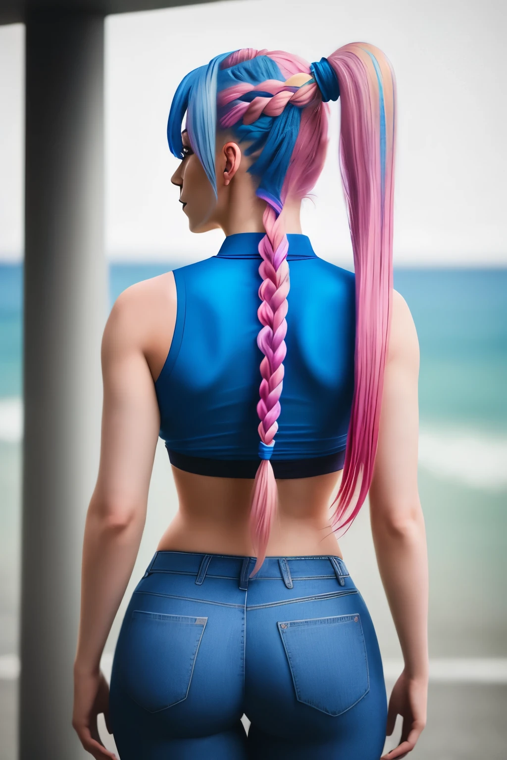 1 Mulher, (molhada), de costas, bunda grande, calça comprida, camisa regata, posse sexy, braided ponytail, multicolored hair, blue hair, pink hair, anime, from behind, UHD, super detail, high quality, high details, highres, 8k, best quality