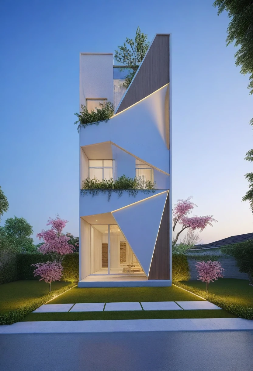 (masterpiece),(high quality), best quality, real,(realistic), super detailed, (full detail),(4k),8k,modern house exterior design,Modern architecture,Beautiful_sky,Day light, no_humans, outdoors,sky,tree,Garden flower front of building,