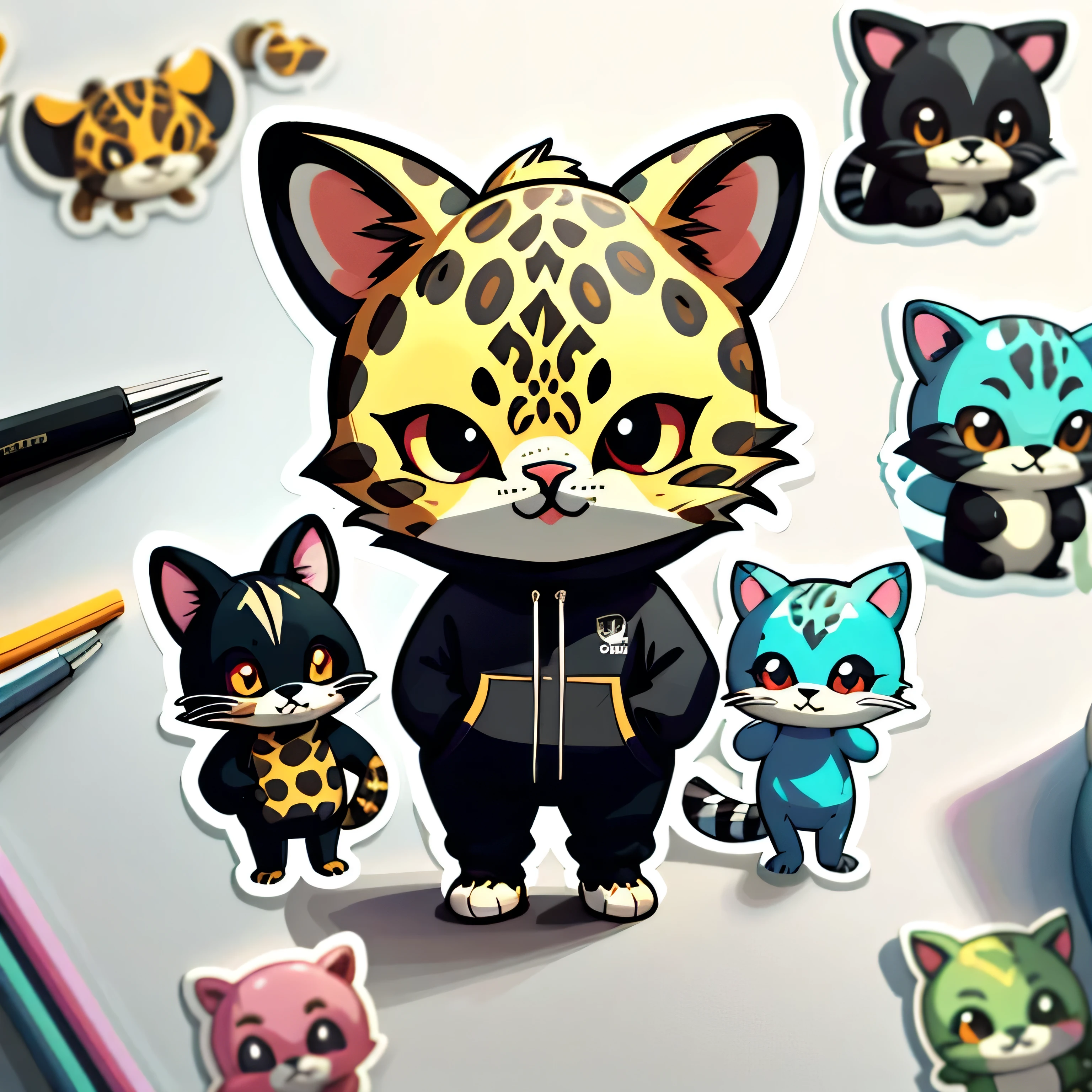 Cartoon image of A Cool Leopard wearing black hoodie, hands in pockets, Black pants, Red sneaker, Cartoon style illustration, Cartoon Art Style, Cartoon Art Style, Digital illustration style, Highly detailed character design, cute detailed digital art, Fan Art, Animal Sticker, Animal Character Design, Sticker Design, beautiful digital illustration, high quality full body sticker, Comic art, Kawaii Character Design, Chibi, Chibi Design, white background