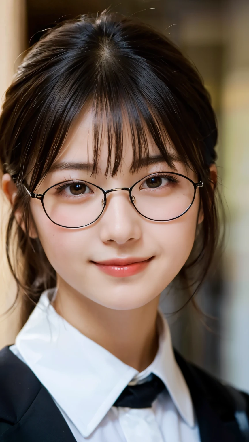 (Highest quality,masterpiece:1.3,Ultra-high resolution),(Very detailed,Caustics,8k),(Realistic:1.4,RAW shooting),A girl dressed as a butler,Japanese,boyish,smile,20-year-old,Short black hair,Glasses,Looking into the camera,Inside the Western-style building,Waist up shot,front,Face Focus,Face close-up,(Warm Light),Professional Writing