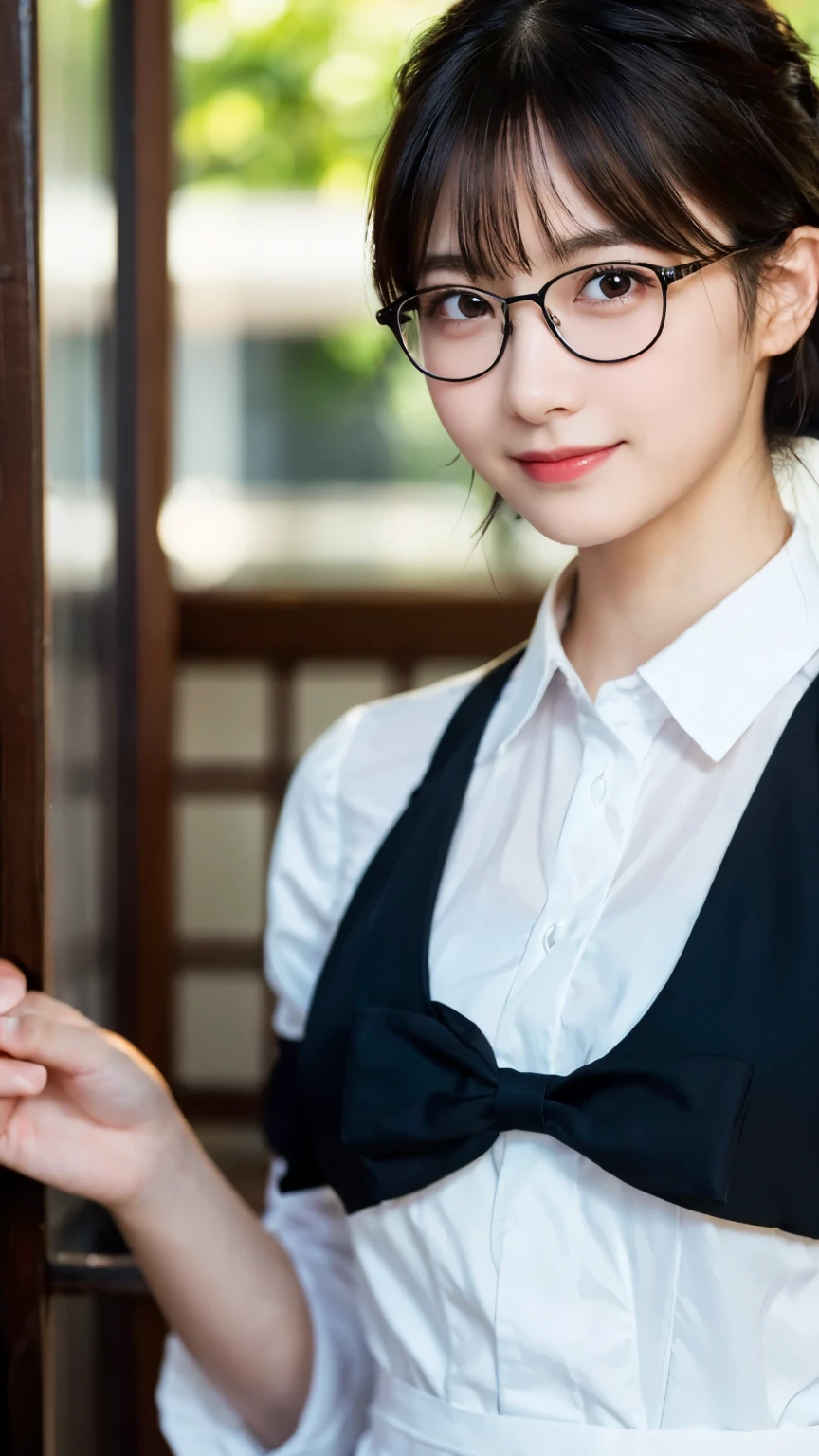 (Highest quality,masterpiece:1.3,Ultra-high resolution),(Very detailed,Caustics,8k),(Realistic:1.4,RAW shooting),A girl dressed as a butler,Japanese,boyish,smile,20-year-old,Short black hair,Glasses,Looking into the camera,Inside the Western-style building,Waist up shot,front,Face Focus,Face close-up,(Warm Light),Professional Writing