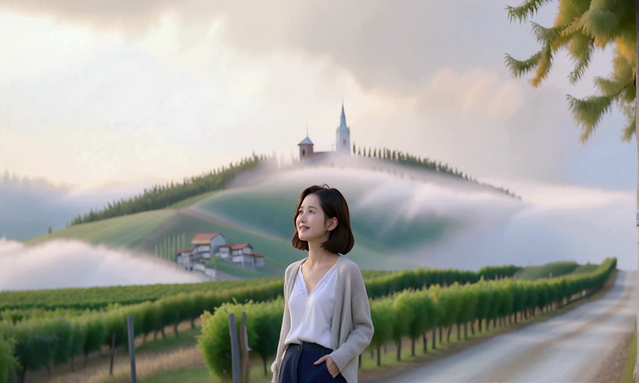 Intentional quality, In 8K, 32K, Photo of a beautiful 36-year-old Korean woman, short medium hair, Inspired by Son Ye-jin, whole body, face focus, Shirt that goes up to the neck and a short cardigan from a luxury brand, beige casual pants, Italian countryside vineyard background, Ranged、make a happy face, 새벽 진한 한개속 The cathedral is visible in the distance, There is thick fog, path, looking up the side, Wear a shirt that covers your chest, The cathedral is visible in the distance, Photo of endless vineyard scenery, look up the side. thick dawn fog, Well-groomed hair, Photo of an elegant and modest woman, Endless vineyards, Vivid picture quality, Clear picture quality, 언덕 위 path, 1 woman, colonnade가 있는 휘어진 path 언덕에서 바라본다. colonnade, The waist area is visible. 휘어진 path에 서있다, colonnade가 있는 어덕길에 서있다. Luxury brand large horn rimmed sunglasses, Sunglasses details, Sunglasses are the same size on both sides, Looking down on the vineyard from the hill, The cathedral is visible in the distance