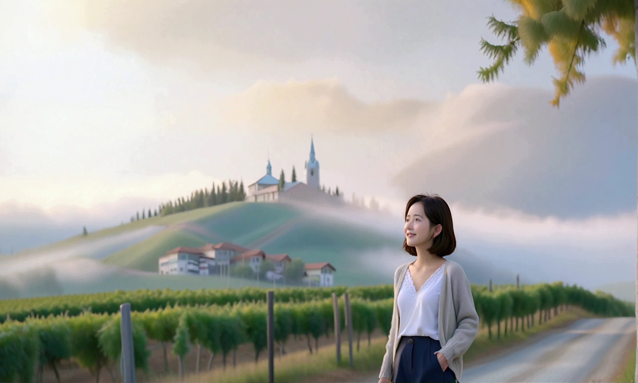 Intentional quality, In 8K, 32K, Photo of a beautiful 36-year-old Korean woman, short medium hair, Inspired by Son Ye-jin, whole body, face focus, Shirt that goes up to the neck and a short cardigan from a luxury brand, beige casual pants, Italian countryside vineyard background, Ranged、make a happy face, 새벽 진한 한개속 The cathedral is visible in the distance, There is thick fog, path, looking up the side, Wear a shirt that covers your chest, The cathedral is visible in the distance, Photo of endless vineyard scenery, look up the side. thick dawn fog, Well-groomed hair, Photo of an elegant and modest woman, Endless vineyards, Vivid picture quality, Clear picture quality, 언덕 위 path, 1 woman, colonnade가 있는 휘어진 path 언덕에서 바라본다. colonnade, The waist area is visible. 휘어진 path에 서있다, colonnade가 있는 어덕길에 서있다. Luxury brand large horn rimmed sunglasses, Sunglasses details, Sunglasses are the same size on both sides, Looking down on the vineyard from the hill, The cathedral is visible in the distance