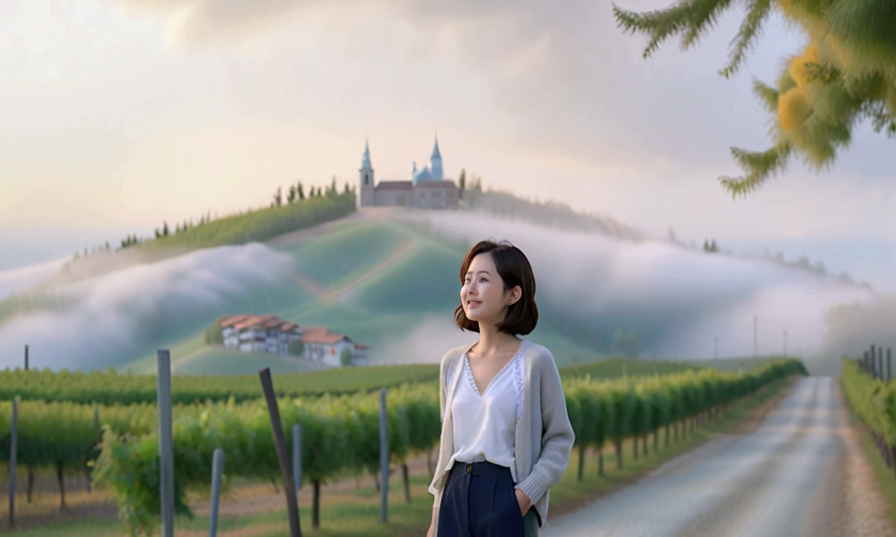 Intentional quality, In 8K, 32K, Photo of a beautiful 36-year-old Korean woman, short medium hair, Inspired by Son Ye-jin, whole body, face focus, Shirt that goes up to the neck and a short cardigan from a luxury brand, beige casual pants, Italian countryside vineyard background, Ranged、make a happy face, 새벽 진한 한개속 The cathedral is visible in the distance, There is thick fog, path, looking up the side, Wear a shirt that covers your chest, The cathedral is visible in the distance, Photo of endless vineyard scenery, look up the side. thick dawn fog, Well-groomed hair, Photo of an elegant and modest woman, Endless vineyards, Vivid picture quality, Clear picture quality, 언덕 위 path, 1 woman, colonnade가 있는 휘어진 path 언덕에서 바라본다. colonnade, The waist area is visible. 휘어진 path에 서있다, colonnade가 있는 어덕길에 서있다. Luxury brand large horn rimmed sunglasses, Sunglasses details, Sunglasses are the same size on both sides, Looking down on the vineyard from the hill, The cathedral is visible in the distance