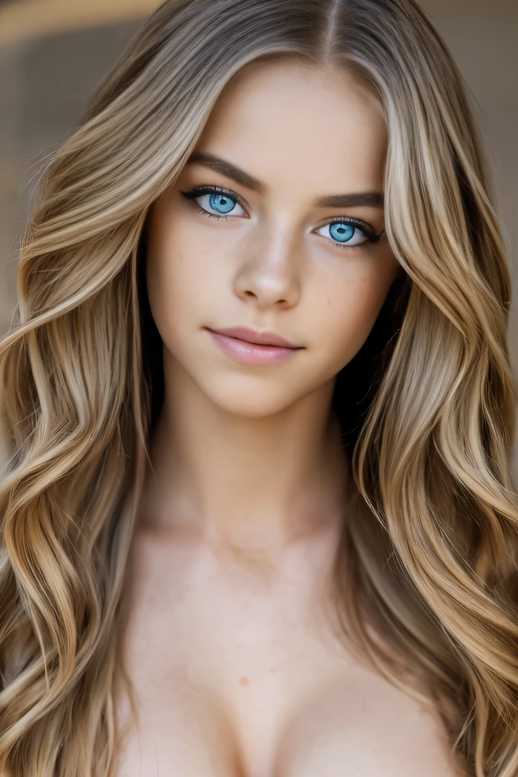 (Full body photo), forehead, , youthful, teen, flirty smile, detailed eyes, blue eyes, no_makeup, long eyelashes, freckles, perky breasts, blonde hair, super long hair, wavy hair, looking at viewer, natural lighting, natural features, centerfold, fake lips, huge lips, lip fillers, (naked), realism, girl, russian, ((pale)), solid background, huge natural breasts