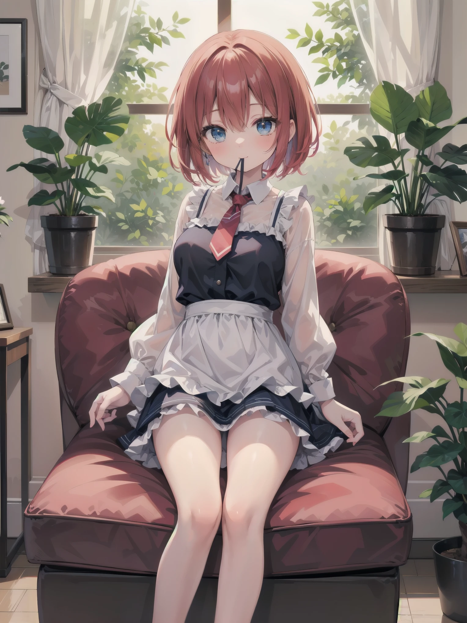 Scene Description: - Composition: Portrait. Focus on the face. Shot from the front. - Subject: Cute girl. (Chibi:1.1). Real person. - Features: - Face: (Cute round face:1.2). - Eyes: Detailed dark blue eyes. - Hair: One-leg bob-cut hair down the front with a large ribbon hairpiece, (golden hair), (red inner hair), auburn hair, hair between the eyes. - Body: Detailed slender body. Large breasts. - Clothing: Pink ruffled blouse, flares, blue ribbon tie, long ruffled sleeves, layered skirt. - Expression: happy expression. Mouth open. - Pose: head tilted back. She is looking at the viewer. - Background: living room of a trendy café. - Elements: Houseplants. Cute pastel sofa. Cute pastel curtains. Cute pastel-colored wallpaper. Time: Daytime. Lighting: (Natural light: 1.4). Art Style: Watercolor. Traditional media. Quality: Intricate details. Highly detailed. Outstanding complexity. (Masterpiece: 1.2). (Highest quality: 1.2). (Absurd absolute resolution: 1.4). Mood: Calm,