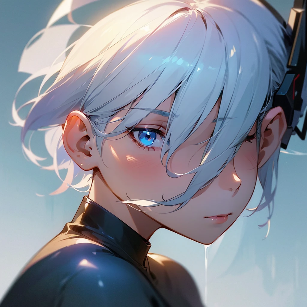 a beautiful young woman with short white hair and blue highlights, side profile portrait, wearing headphones, eyes closed, serene expression, delicate facial features, soft lighting, highly detailed, realistic, masterpiece, cinematic, 8k, photorealistic, sharp focus, HDR, studio lighting, vibrant colors, elegant, calm, ethereal