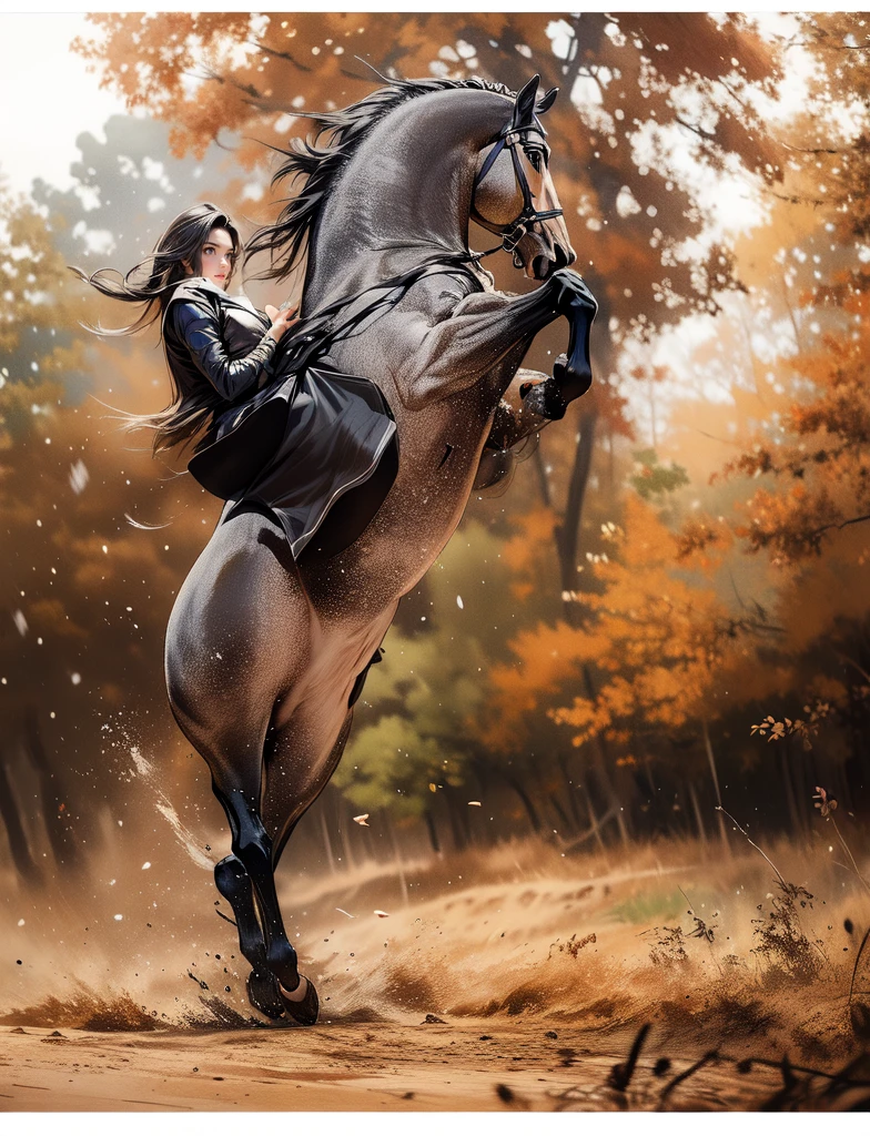 ((best quality)), ((anime masterpiece)), (high detailed), 8k, cinematic lighting, realistic, HDR, vivid color, anime, 20 years old woman riding a WHITE HORSE, {black hair}, red eyes, medium breast, cleavage, (white armor, black glove, black miniskirt, bare legs, brown boots), river, (from side: 1.2), anatomically correct
