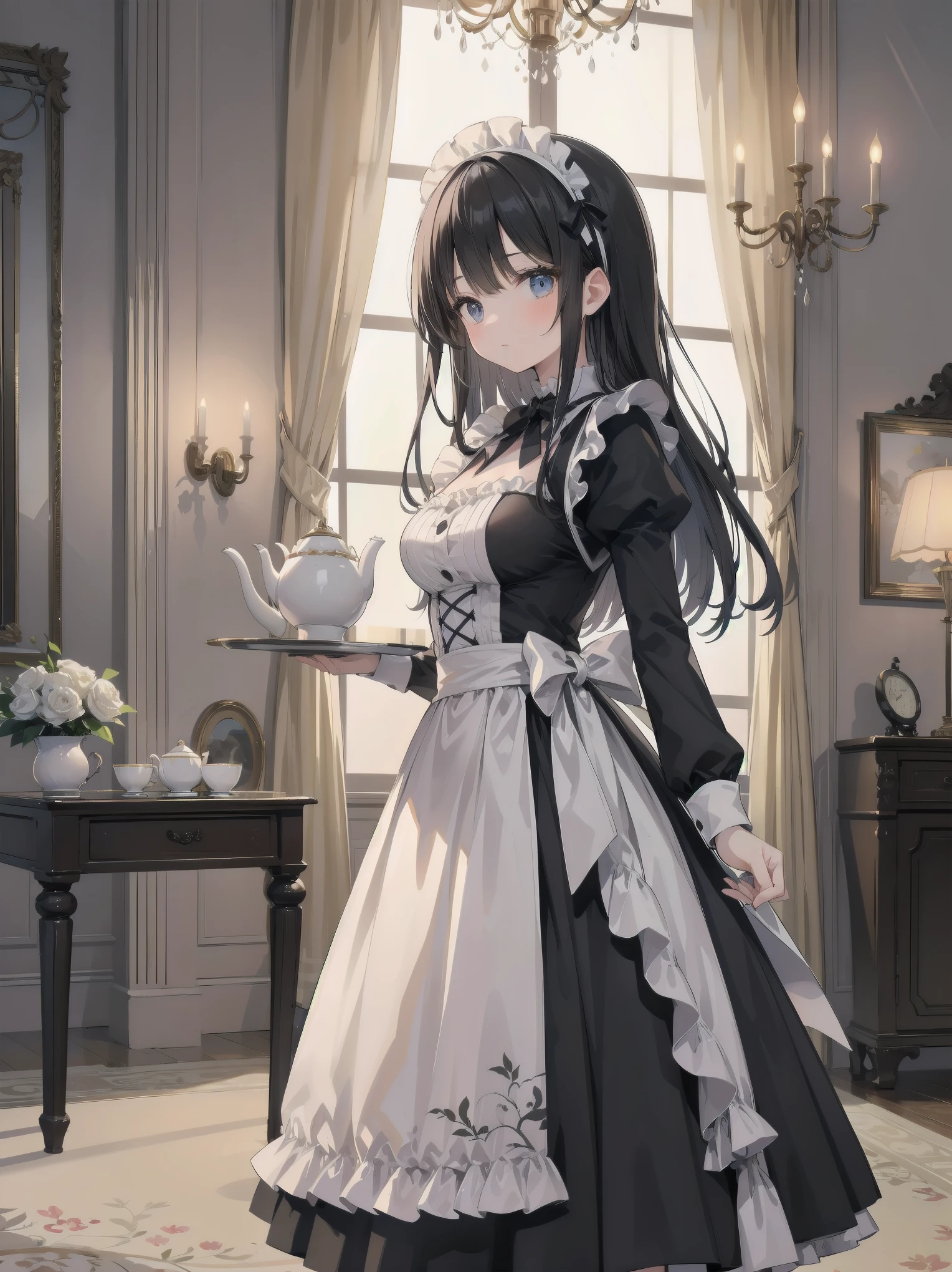 Illustration of a beautiful girl in a cute pose,(Masterpiece: 1.2), (Best quality: 1.2), A cute girl with long black hair, dressed in a classic black and white maid outfit with frilly lace and a matching headband, is standing in a beautifully decorated Victorian-style parlor. She is holding a silver tray with a teapot and teacup, her expression a mix of professionalism and warmth. The background includes ornate furniture, a chandelier, and large windows with heavy drapes, all bathed in soft afternoon light. This illustration emphasizes the elegant and welcoming atmosphere of a high-class tea service