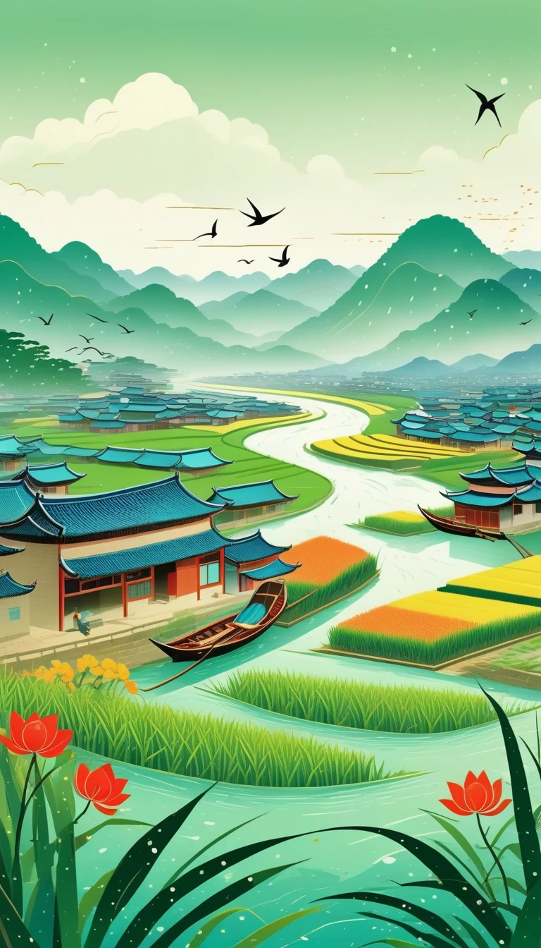 Qingming Festival Chinese countryside, plants and flowers, swallows, wicker, rice field, light rain, river, bright, spring green, bright background, blank at the top of the frame, flat illustration, Victo Ngai style,(The background at the top of the screen is blank:1.4), The style is simple, with flat illustrations and simple lines.