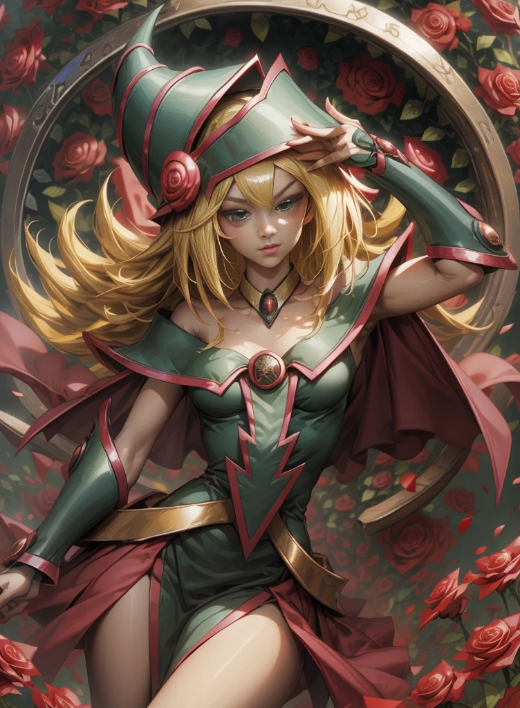 Beautiful dark magician gils. Young man with long blonde hair. green eyes. small lips. She is in a garden of red roses.. Red roses surround her. pose and innocent. red roses background.