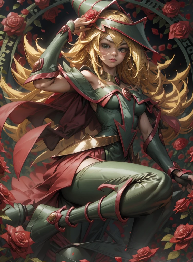 Beautiful dark magician gils. Young man with long blonde hair. green eyes. small lips. She is in a garden of red roses.. Red roses surround her. pose and innocent. red roses background.