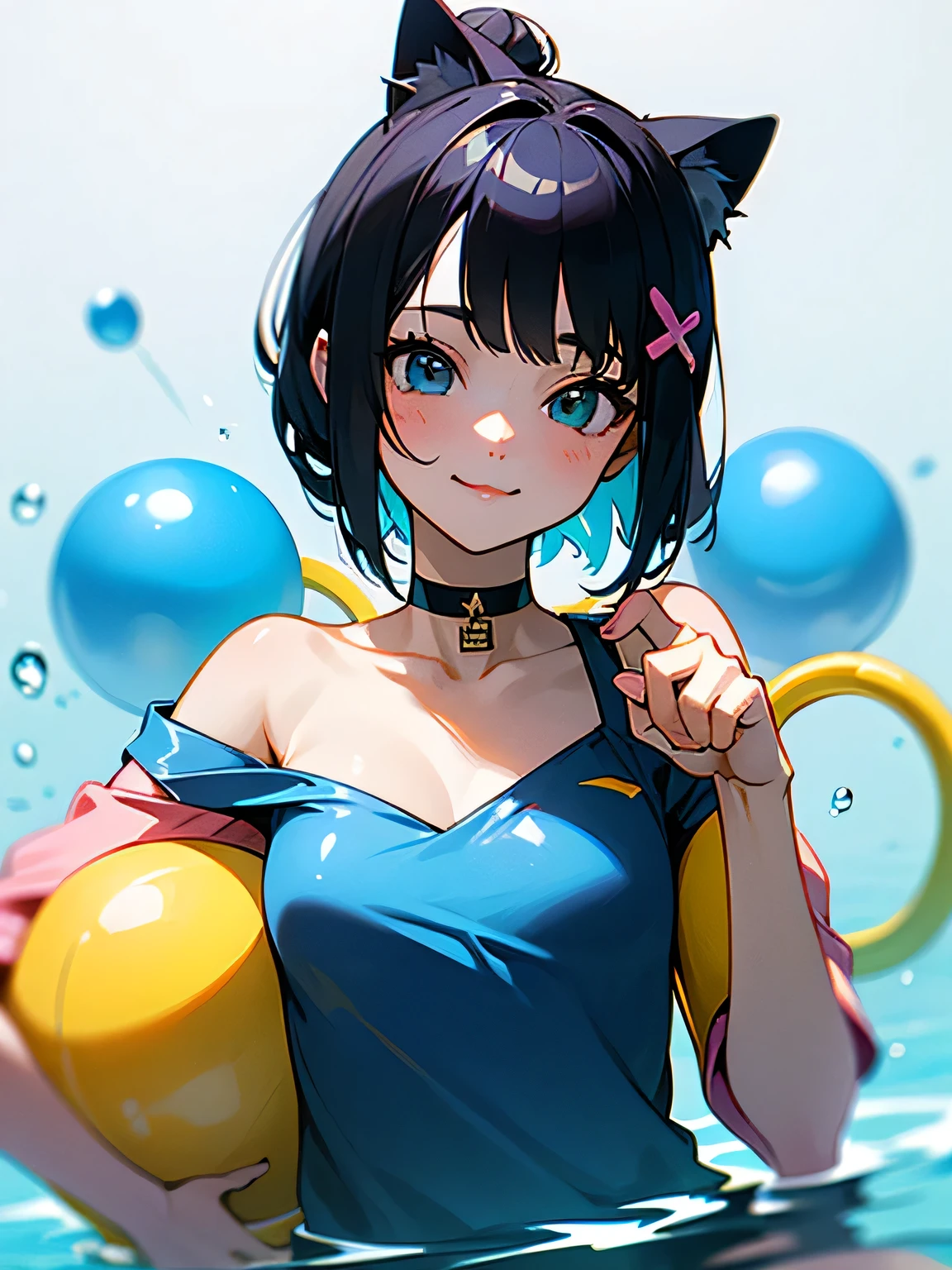 (Highest quality, masterpiece, High resolution)、(Anime Art 4k)、(Concept Art)、Cinematic Light、Soft Light、(One Girl、18-year-old)、(whole body)、(Water Play)、Black Hair、(Colorful Swimsuits)、(Bright color design)、Wear loose-fitting T-shirts in layers、Off the shoulder、cute、Cat ear、Bobcut、semi-long、Hair Bun、hair ornaments、choker、Bright smile、Small breasts、(Cat Pose)、(play)、Water Play、Water gun、Beach ball、splash、((White Background))、((Blank Background))、