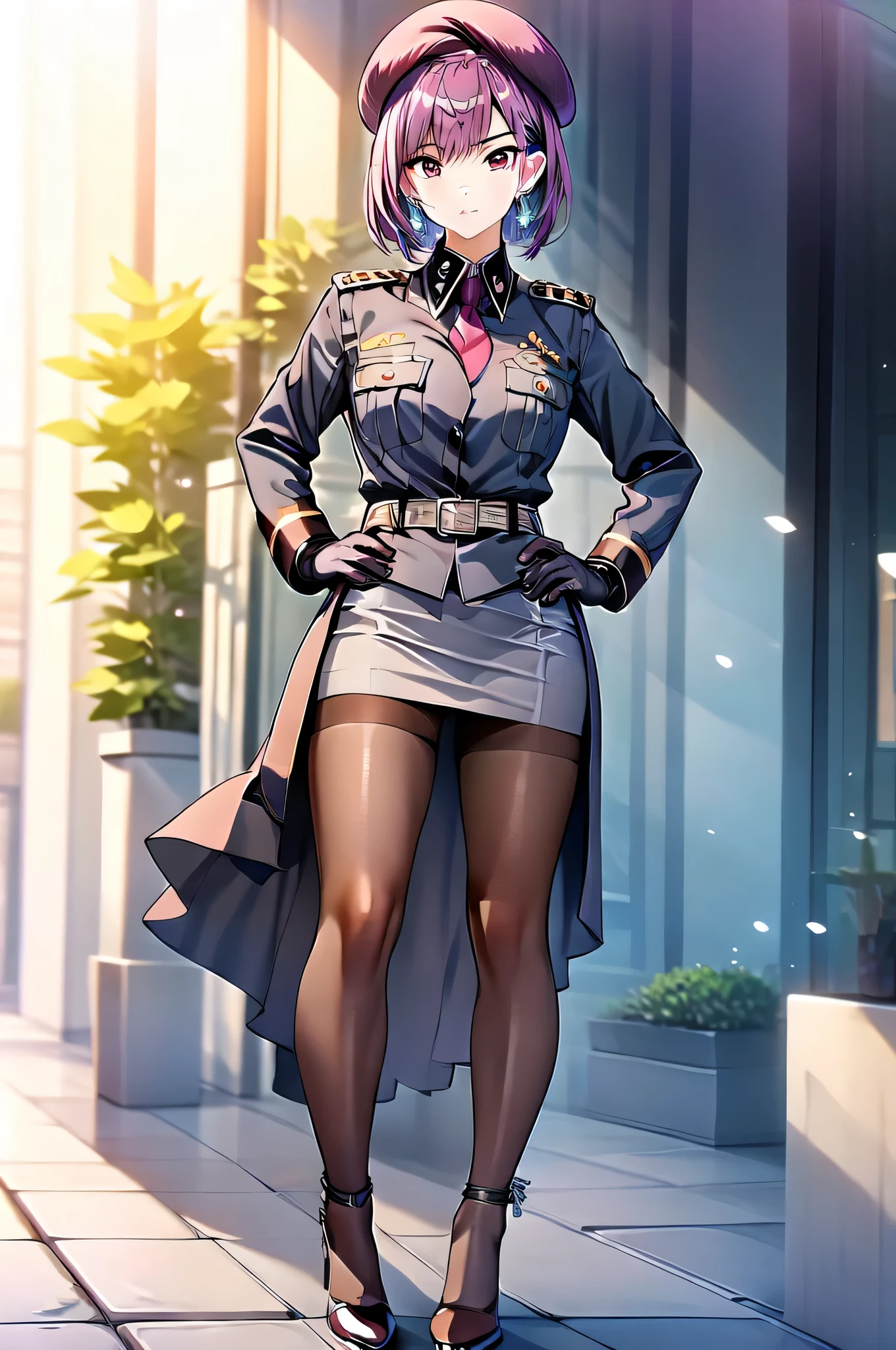 masterpiece, Highest quality, High resolution, Super detailed, One woman,23 years old ,Standing,Hands on hips、pantyhose、skirt、uniform、hat、gloves、Fuchsia Hair、short hair、military、whole body、uniform、Looking at the viewer、White gloves、Red eyes、tie、beret、White skirt、White Belt、Black footwear、Jacket、White pencil skirt、Black pantyhose、Long sleeve、Purple tie、bangs、High heels、Earrings、Shut your mouth.、chest、