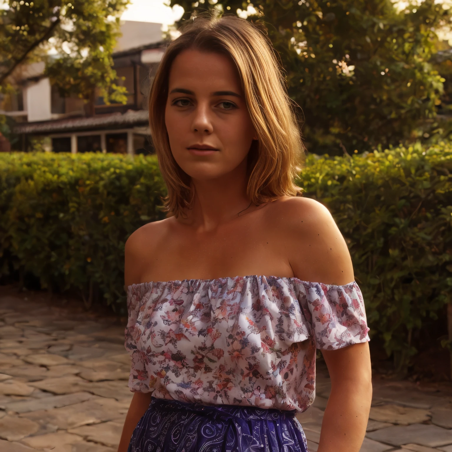 a young woman wearing a Paisley print off-the-shoulder top and flowy maxi skirt, at the location, nettop, buzz-cut, blond wavy hair, realistic skin, skin imperfections, ((real skin:1.1)), ((tan skin)), (detailed skin), stunning, perky, bokeh, Grim, lying, natalee, evening, imperfections, flash, realistic background, detailed background, intricate pattern on the top, flowing skirt with subtle movement, rich textures, soft shadows, evening light casting a warm glow, natural imperfections on skin, freckles, slight blemishes, realistic hair texture, blond waves catching the light, off-the-shoulder top revealing collarbones, delicate necklace, serene expression, soft bokeh effect, sharp focus on the subject, background slightly blurred, lush greenery, setting sun, golden hour, peaceful ambiance, subtle wind movement, relaxed pose, calm demeanor.