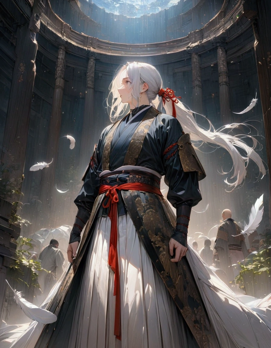 (masterpiece:1.3),(最high quality:1.4),(Very detailedな:1.5),High resolution,Very detailed,8k,artwork,High level of detail,rendering,high quality,Wide range of colors,A fantastical space where white feathers rain down,Vivid light,(One man、profile)Swordsman、White Hair、Long hair that reaches down to the waist is tied in a single ponytail、White Hakama、白いSwordsmanの服装、((samurai)),There's a sword on his waist、Looking up with a blank look。
