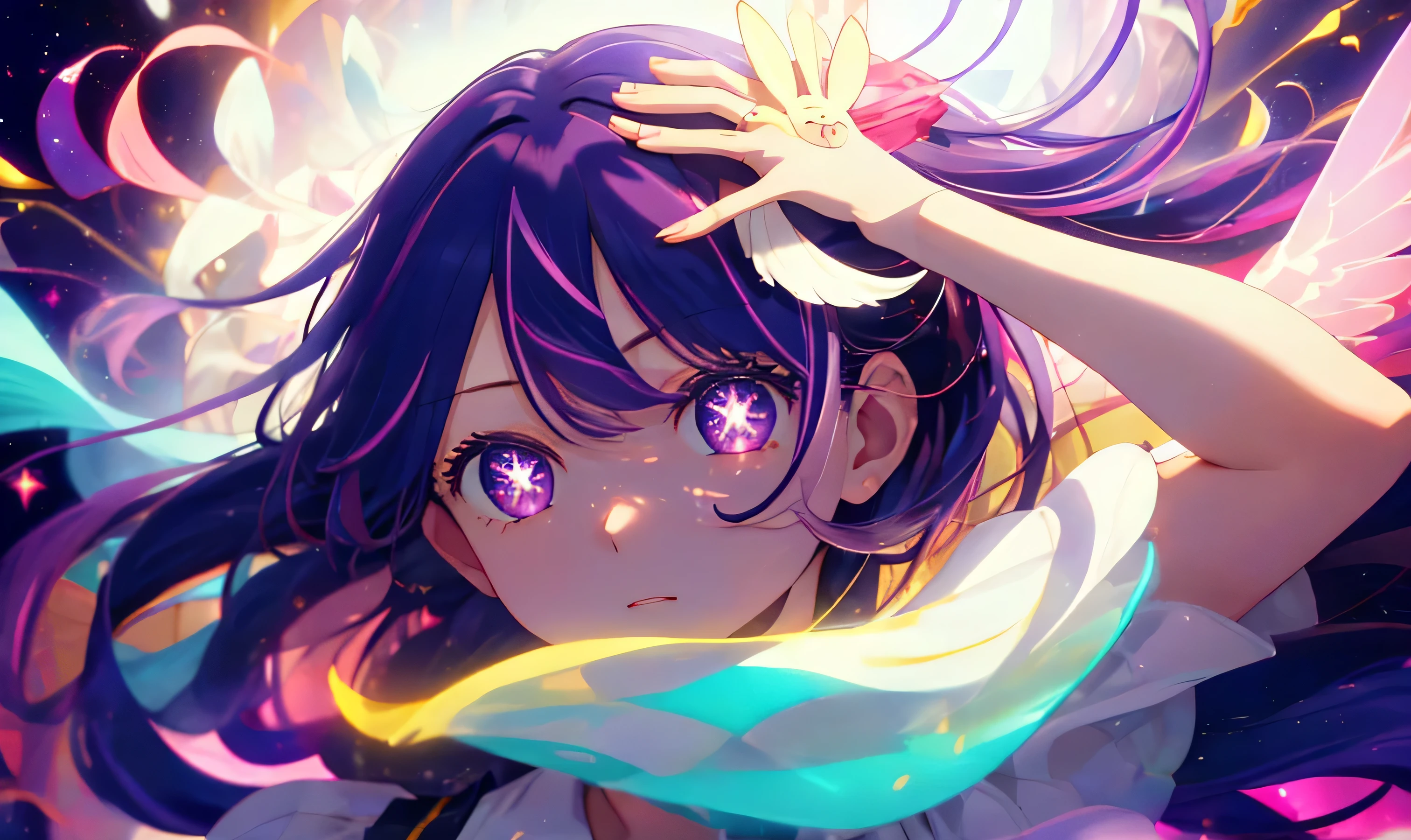 1girl, Hoshino Ai, Long hair, purple hair, Streaked Hair, violet eyes, star-shaped pupils, hair ornament, (highly detailed),(messy  hair), (illustration), (trendy clothes), stands, Model, looking at viewer, (interview), (Simple background), beautiful detail eyes, Gentle beautiful face, soaring, (high saturation), (Colorful splashes), Colorful Bubble, (radiance), facial focus, (radiance), better lighting, better shadow, (masterpiece, high quality, best Quality),