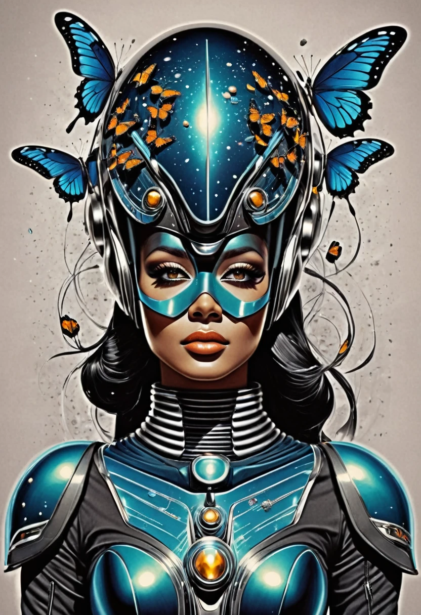 Imagine the print for a street wear style t-shirt, face of a futuristic humanoid with a futuristic steel helmet, the background of the image is black with shiny flashes simulating that it is in outer space, giving a metal effect around it Very realistic butterflies fly, add geometric elements and bright sparkles, style by Yoga Pratama, all this immersed in a vintage style with photoshop halftone effect