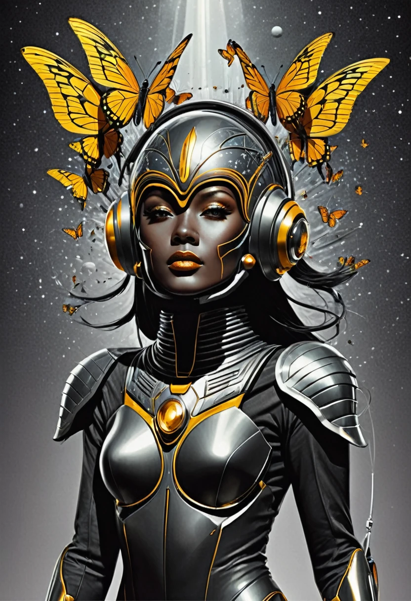 Imagine the print for a street wear style t-shirt, face of a futuristic humanoid with a futuristic steel helmet, the background of the image is black with shiny flashes simulating that it is in outer space, giving a metal effect around it Very realistic butterflies fly, add geometric elements and bright sparkles, style by Yoga Pratama, all this immersed in a vintage style with photoshop halftone effect