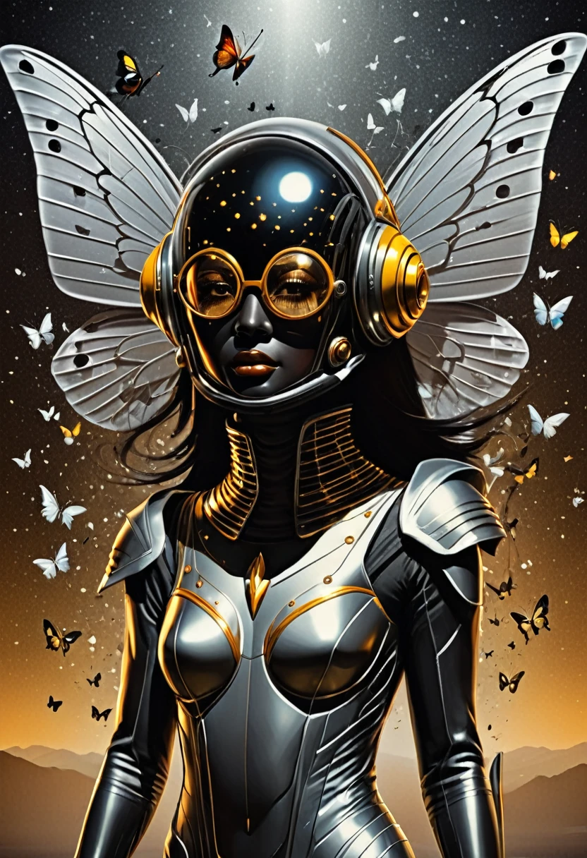 Imagine the print for a street wear style t-shirt, face of a futuristic humanoid with a futuristic steel helmet, the background of the image is black with shiny flashes simulating that it is in outer space, giving a metal effect around it Very realistic butterflies fly, add geometric elements and bright sparkles, style by Yoga Pratama, all this immersed in a vintage style with photoshop halftone effect