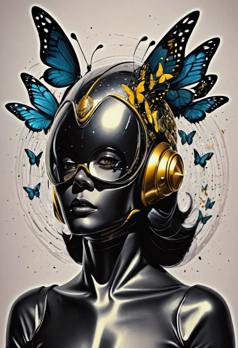 Imagine the print for a street wear style t-shirt, face of a futuristic humanoid with a futuristic steel helmet, the background of the image is black with shiny flashes simulating that it is in outer space, giving a metal effect around it Very realistic butterflies fly, add geometric elements and bright sparkles, style by Yoga Pratama, all this immersed in a vintage style with photoshop halftone effect