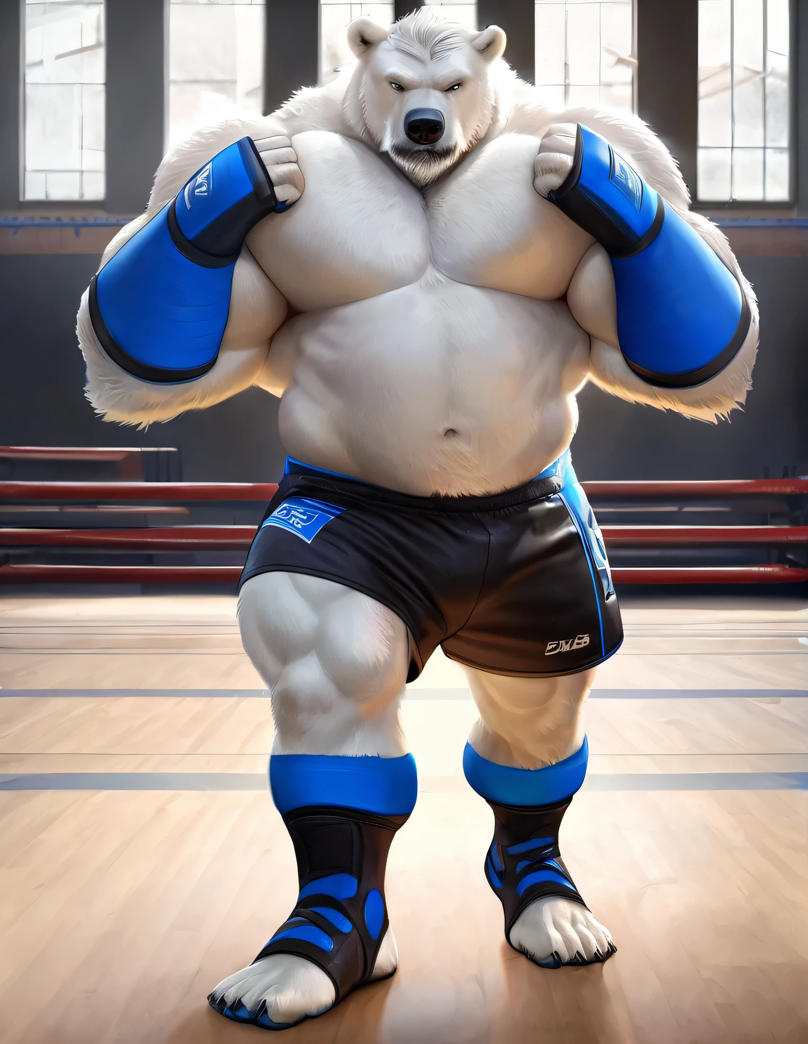 huge muscular polar bear in gymnasium, big smirk, polar bear, huge white fur, thick arm, huge arm, white mustache, white bearded. Short white hair, (huge thick muscular, huge pectoral, wide pectoral, thick arms), gymnasium, ring, realistic, 8k, masterpiece, (wearing black mixed martial arts shorts with blue slits, mixed martial art fingerless gloves with blue pads, black toeless footwear and shirtless and topless)