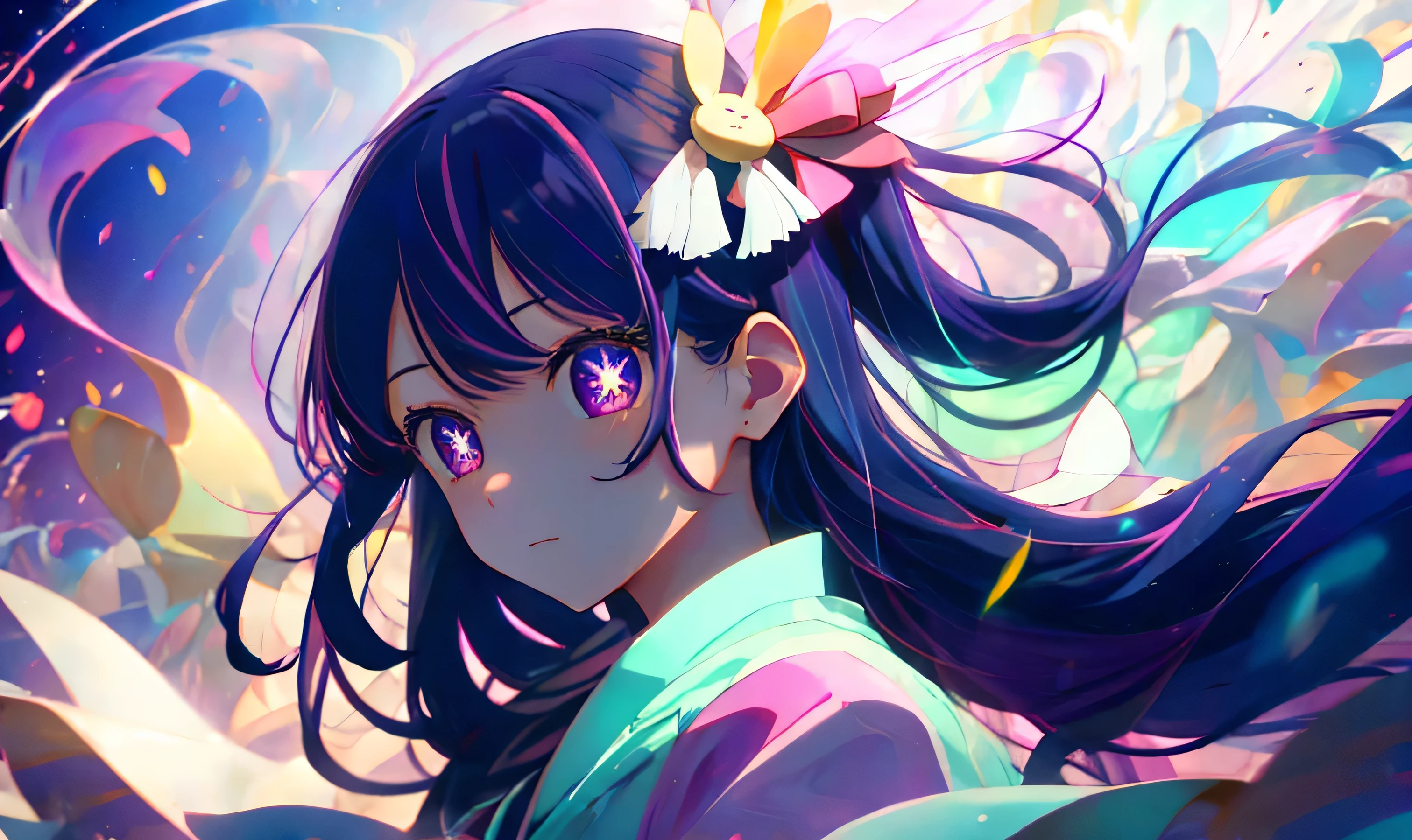 1girl, Hoshino Ai, Long hair, purple hair, Streaked Hair, violet eyes, star-shaped pupils, hair ornament, (highly detailed),(messy  hair), (illustration), (trendy clothes), stands, Model, looking at viewer, (interview), (Simple background), beautiful detail eyes, Gentle beautiful face, soaring, (high saturation), (Colorful splashes), Colorful Bubble, (radiance), facial focus, (radiance), better lighting, better shadow, (masterpiece, high quality, best Quality),