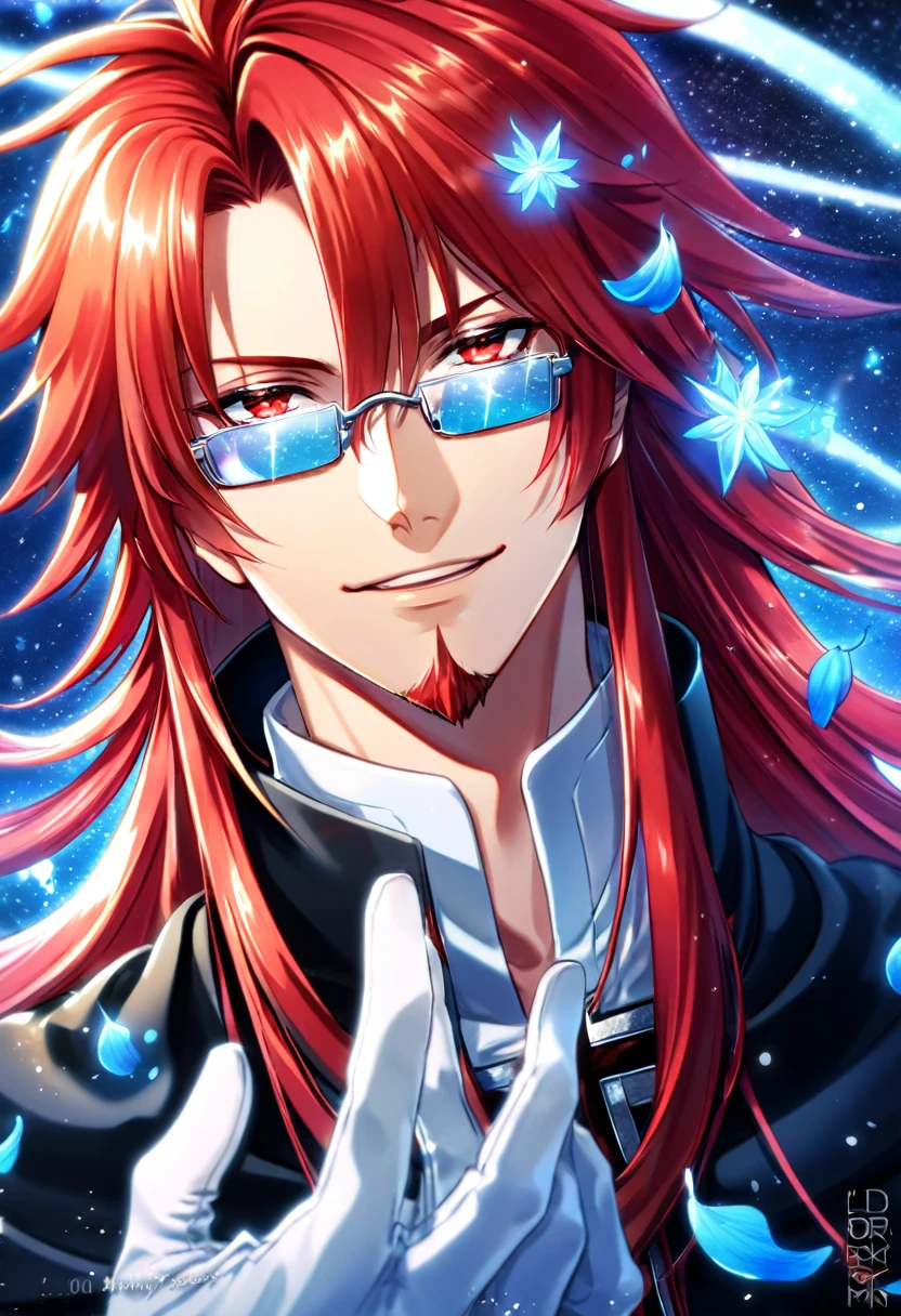 absurdres, highres, ultra detailed, HDR, master piece, Marian Cross, red hair, messy hair, long hair, red goatee, expressive red eyes, black coat, rectangular glasses, white gloves, D.Gray-Man, sexy man, handsome, best quality, blue flowers, fantasy, solo, blue shining fireflies, blue petals, sensual, handsome smile, starry sky, shining, blue blossoms