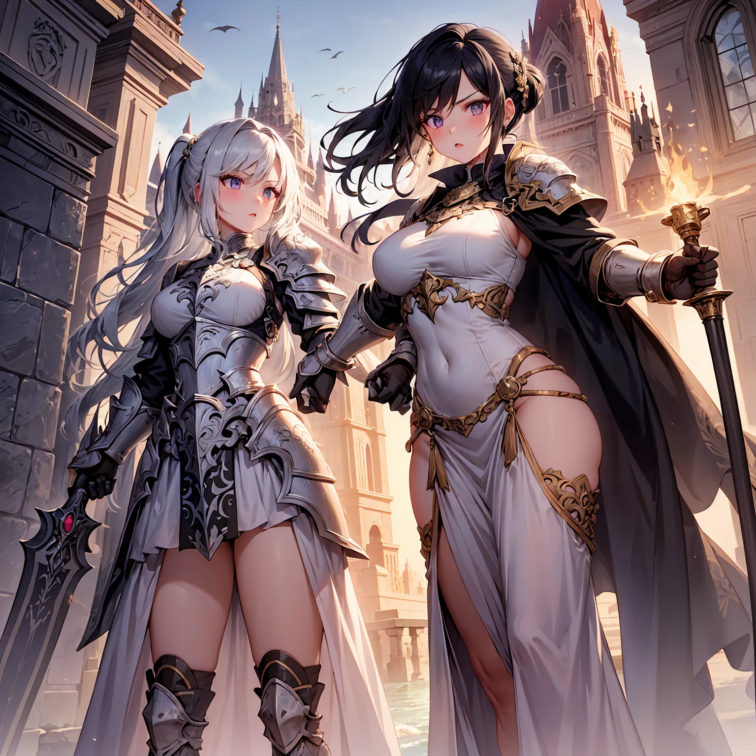 A majestic artwork of a graceful female paladin standing in a grand, medieval landscape. The full-body view reveals her adorned in exquisitely designed armor that combines elegance and strength. Her gleaming silver armor is intricately engraved with swirling patterns and symbols of protection and valor. The breastplate features delicate filigree and gem inlays, while her gauntlets and greaves are finely etched, catching the light with every movement. She wears an ornate, deep purple cape that flows gracefully behind her. Her long black hair is tied in a sleek ponytail, cascading down her back, complementing her regal appearance. Her striking amethyst purple eyes, filled with resolve and determination, enhance her beauty and strength. She carries a beautifully crafted shield, embossed with intricate heraldic symbols and protective runes, its edges reinforced with gold trim. In her other hand, she wields a formidable mace, adorned with intricate engravings and inlaid gemstones that shimmer softly. The background features a sprawling castle with tall spires against a dawn sky. Rolling hills and lush meadows stretch out before her, with a serene river winding through the landscape. Birds take flight in the early morning light, enhancing the sense of peace and anticipation. The paladin stands poised and ready, embodying both grace and power, a guardian of the land and a beacon of hope for all who gaze upon her. Her presence is commanding and inspiring, a true paragon of beauty and strength.