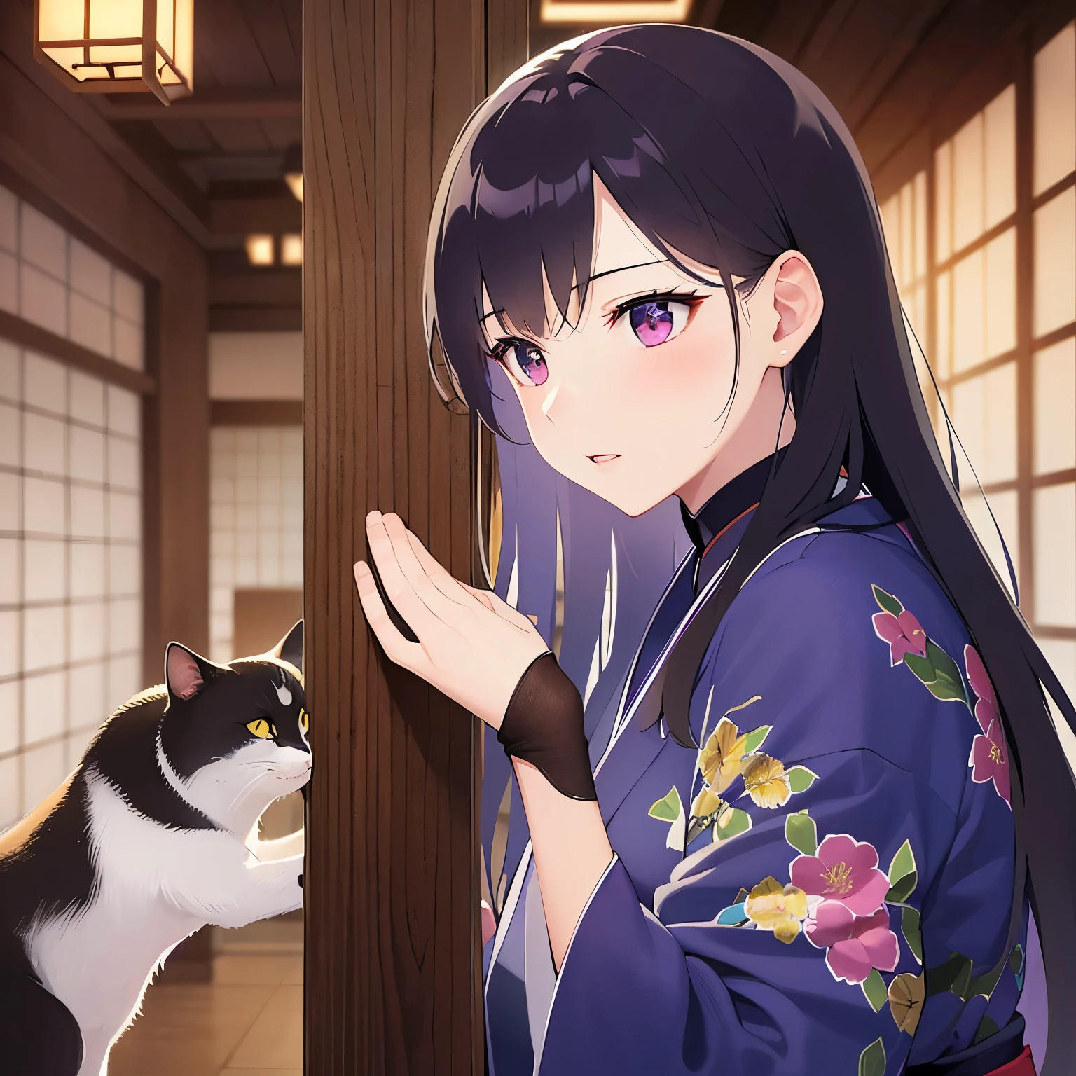 side ungle,Upper Body,(looking away:1.5)、profile、leaning on wall、
Realistic, real person, (pale skin: 1.2), RAW photo, photorealistic, shiny skin, shiny hair、
(A 25-year-old woman with straight hair and bangs) and (medium hair) and (black hair) and (purple eyes) ,
yukata,bitter、The background is the hallway of a Japanese inn at night