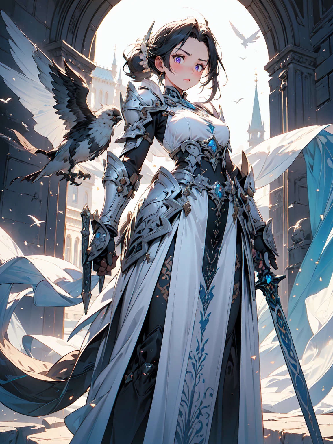 A majestic artwork of a graceful female paladin standing in a grand, medieval landscape. The full-body view reveals her adorned in exquisitely designed armor that combines elegance and strength. Her gleaming silver armor is intricately engraved with swirling patterns and symbols of protection and valor. The breastplate features delicate filigree and gem inlays, while her gauntlets and greaves are finely etched, catching the light with every movement. She wears an ornate, deep purple cape that flows gracefully behind her. Her long black hair is tied in a sleek ponytail, cascading down her back, complementing her regal appearance. Her striking amethyst purple eyes, filled with resolve and determination, enhance her beauty and strength. She carries a beautifully crafted shield, embossed with intricate heraldic symbols and protective runes, its edges reinforced with gold trim. In her other hand, she wields a formidable mace, adorned with intricate engravings and inlaid gemstones that shimmer softly. The background features a sprawling castle with tall spires against a dawn sky. Rolling hills and lush meadows stretch out before her, with a serene river winding through the landscape. Birds take flight in the early morning light, enhancing the sense of peace and anticipation. The paladin stands poised and ready, embodying both grace and power, a guardian of the land and a beacon of hope for all who gaze upon her. Her presence is commanding and inspiring, a true paragon of beauty and strength.