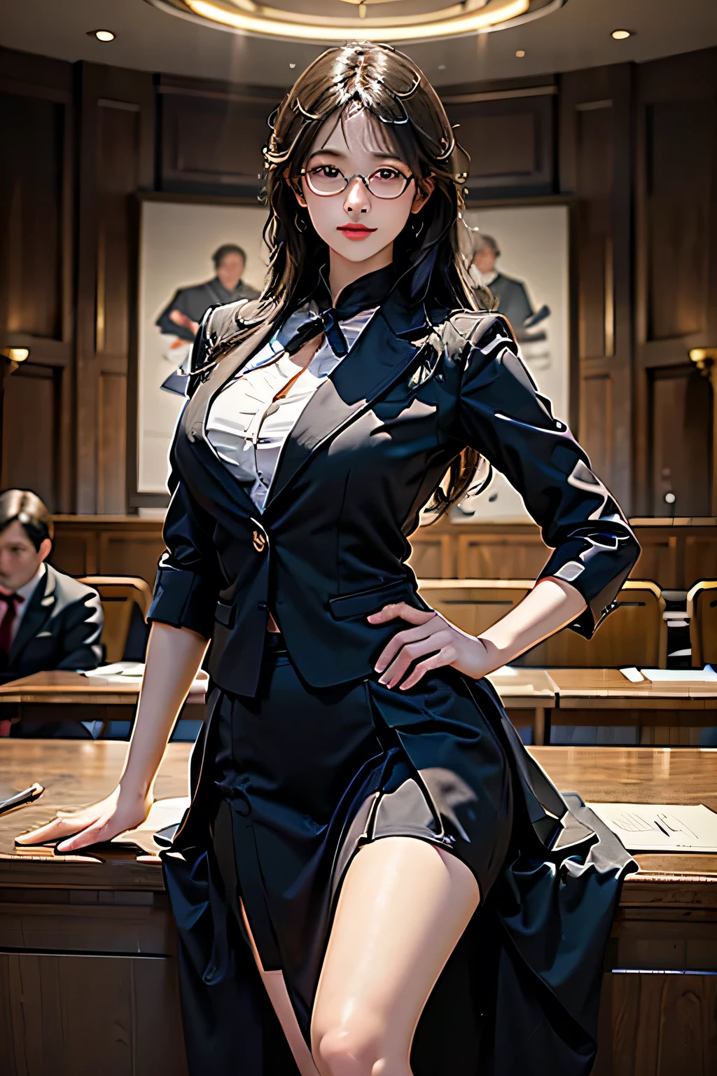 photorealistic, magic circle, meishaonv, (RAW Photos)、Realistic、(Super detailed:1.2)、(High resolution:1.2)、(masterpiece)、(Highest quality)、(8k)、Ultra-Details、(Perfect Anatomy:1.3)、Beautiful Eyes、Angle from below、One girl、View your viewers、A confident smile、(A beautiful and talented female lawyer)、give a passionate speech in court、(Action with hand holding document)、(Super hourglass body type)、(Super big breasts pointing upwards:1.3)、(Black suit and skirt)、Black Hair、Thin frame glasses、Arms crossed、Pointing、Hands on hips、Correct fingers、Open your legs and stick your buttocks out、Dynamic poses in court、court、Complex backgrounds depicted in detail