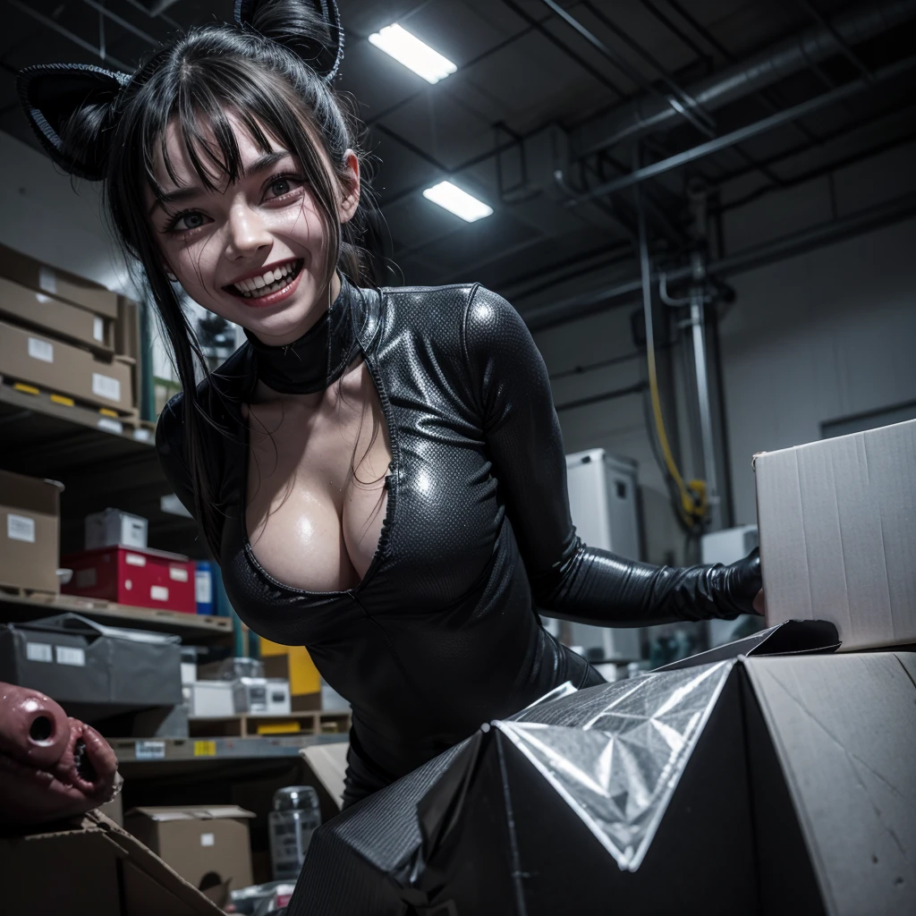 Generate image of a strange figure in the corner of a packaging factory room, black-clad, horror face, strange smile, sharped teeth, Eyes red