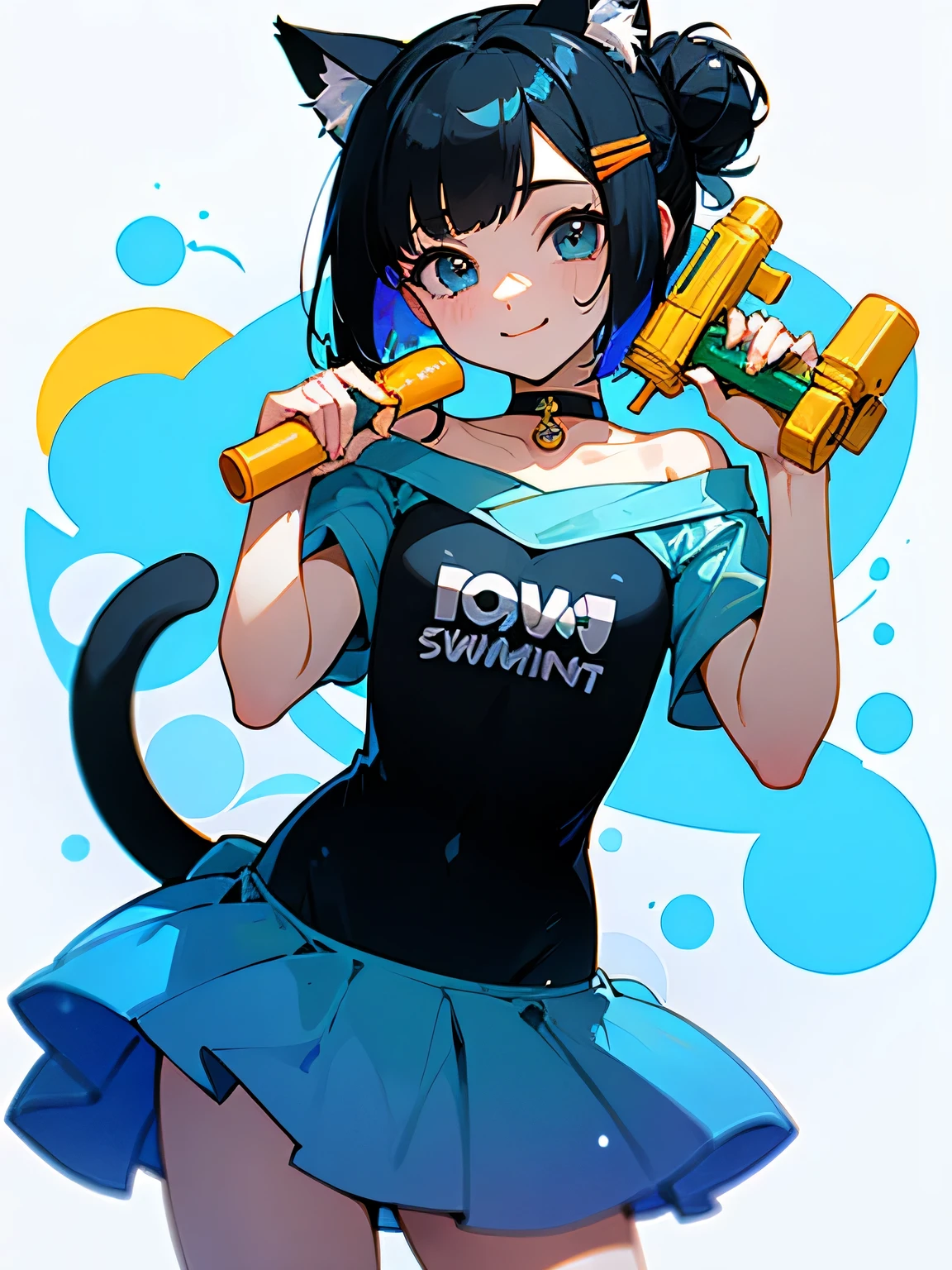 (Highest quality, masterpiece, High resolution)、(Anime Art 4k)、(Concept Art)、Cinematic Light、Soft Light、(One Girl、18-year-old)、(whole body)、(Water Play)、Black Hair、(Colorful Swimsuits)、(Bright color design)、Wear loose-fitting T-shirts in layers、Off the shoulder、cute、Cat ear、Bobcut、semi-long、Hair Bun、hair ornaments、choker、Bright smile、Small breasts、(Cat Pose)、(play)、Water Play、Water gun、splash、((White Background))、((Blank Background))、